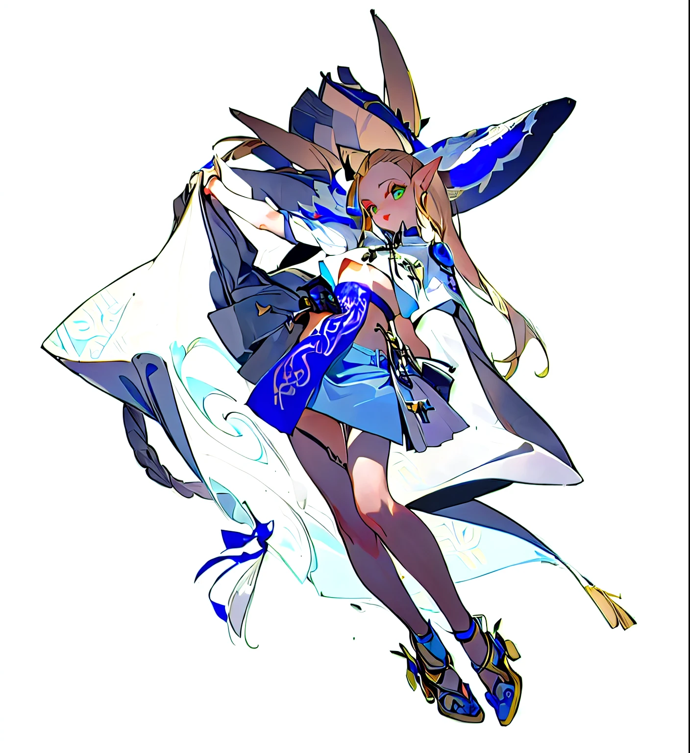 (masterpiece, best quality) detailed,silver accessories , Blonde ,elegant, Pointed ears ,Chinese element pattern,Wear a white shirt and denim skirt,ripped cropped T-shirt,Navel exposed,