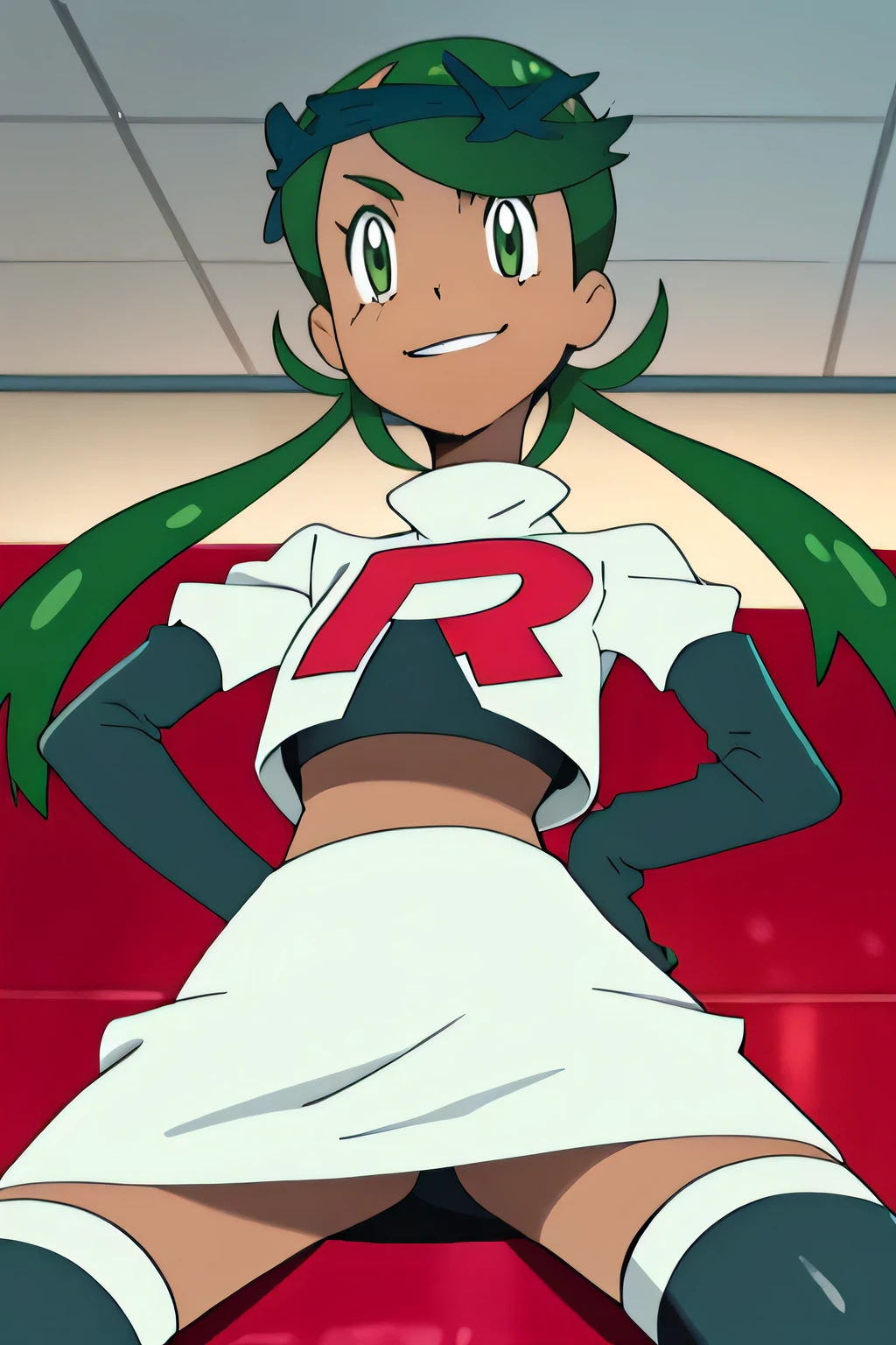 masterpiece,best quality,high res,high quality,8k, masterpiece,highres, team rocket uniform, red letter r, white skirt,white crop top,black thigh-high boots, black elbow gloves, evil smile, looking down at viewer, hands on hips, cowboy shot, zettai ryouiki,spread legs,from below, black panties,anime style, vivid colors, sharp focus, intense lighting,defMallow, dark skin, hair flower, hair ornament,twintails, green hair