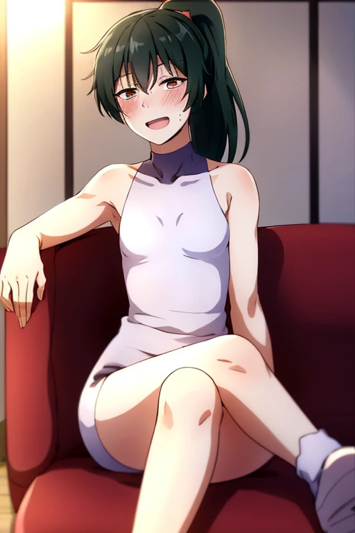 ((highest quality)), ((masterpiece)), (be familiar with), Perfect Face, indoor, Bedroom, Watching the audience,
One woman, Zenyuan Maki,
Open Mouth, Ecstatic expression, blush, smile,
Small breasts, Flat Chest, Young Girl, , , Girl,
Long Hair, ponytail,
Leg spread,