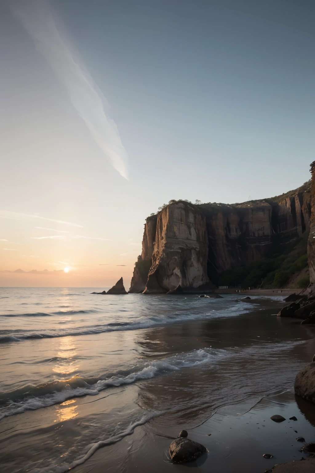 3d render, futuristic landscape with cliffs and water. Modern minimal abstract background. Spiritual zen wallpaper with sunset or sunrise light