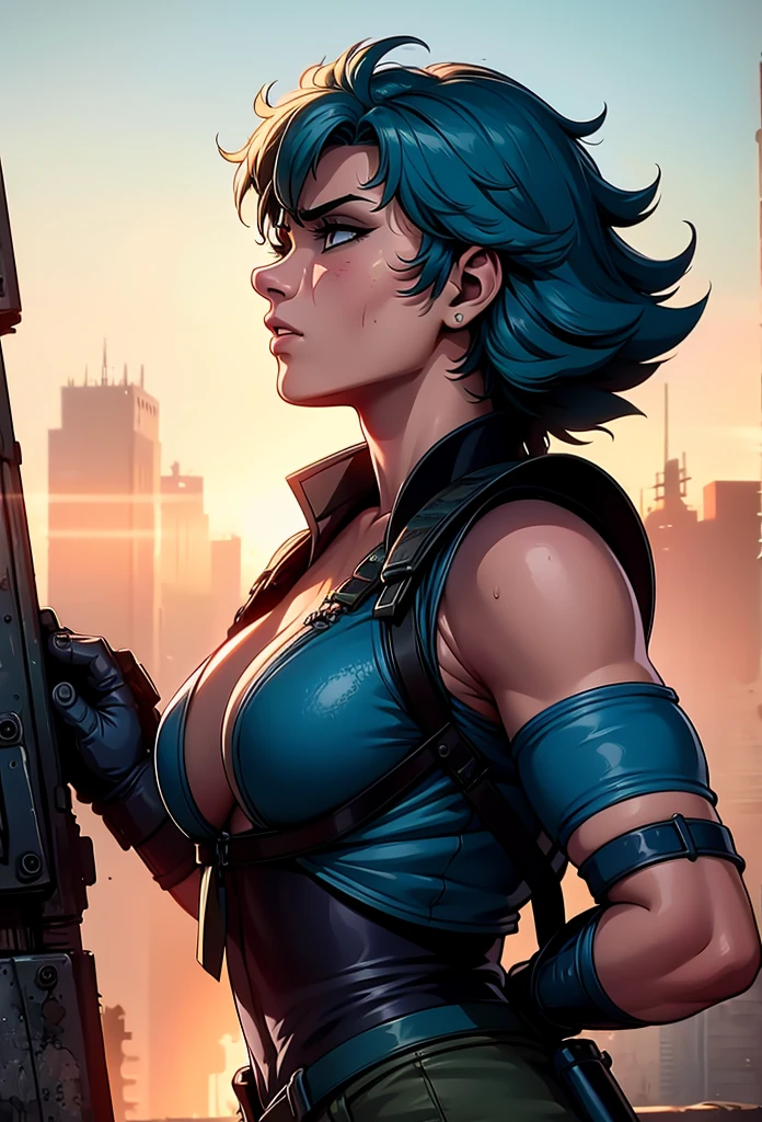 (best quality,4k,8k,highres,masterpiece:1.2),ultra-detailed,(realistic,photorealistic,photo-realistic:1.37),Ami Mizuno as a Mad Max survivor in the Westland,deserted post-apocalyptic world,dusty landscape,harsh sunlight,burning orange sky,gritty and distressed,ripped and tattered clothing,utility belt with survival tools,protective goggles covered with dust,Ami's bright blue hair flowing in the wind,determined and fierce expression,holding a modified high-tech weapon,scanning the horizon for danger,thick layers of dirt and grime on her face and hands,imposing scar across her cheek,distant ruins of a futuristic city in the background,Ami's transformation into a hardened warrior,blending her intelligence and strength,creating an iconic and empowering image,combining anime style with the gritty aesthetics of Mad Max.