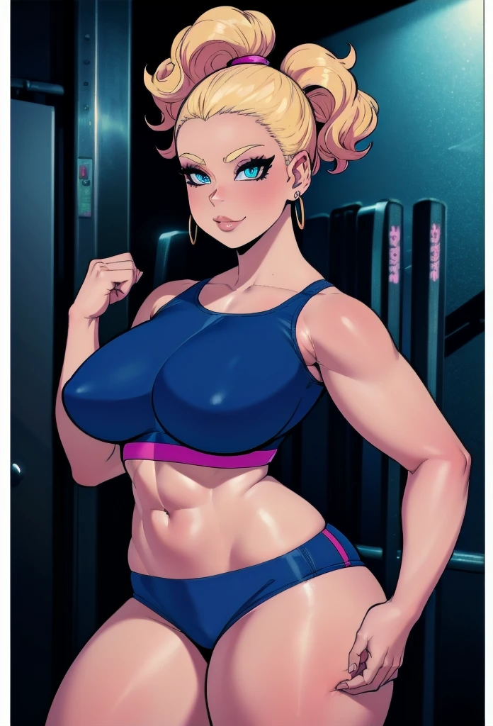 Bimbo girl at the gym,
(best quality,4k,8k,highres,masterpiece:1.2), ultra-detailed, cartoon, vibrant colors, HDR, lovely chubby bimbo girl ,venus body, curvy, dynamic pose, sparkling earrings, perfect makeup, glossy lipstick, captivating smile, short wavy blonde hair, gym environment, high-tech workout equipment, energetic atmosphere, fitness trainer providing guidance, motivational quotes on the walls, gym logo in the background, beautiful detailed eyes, breast enhancement, toned female, glamorous perfect female proportion,a solo cartoon of a woman in tight pants and a shirt, bimbo at the gym, thicc, oc commission, commission for high res, hands behind her body pose!, inked and colored, cel shaded!!!, cutesexyrobutts, full body portrait of a short!, fullbody commission for, thighs!!!!!!, lowres, thighs!!!, a close up of a woman with a blue top, short hair, anime visual of a woman, female anime character,