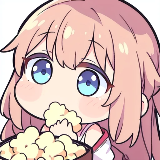 a chibi emoji of an shy anime girl with reddish brown long hair fishtail style, blue eyes, circular face , eating, popcorn 