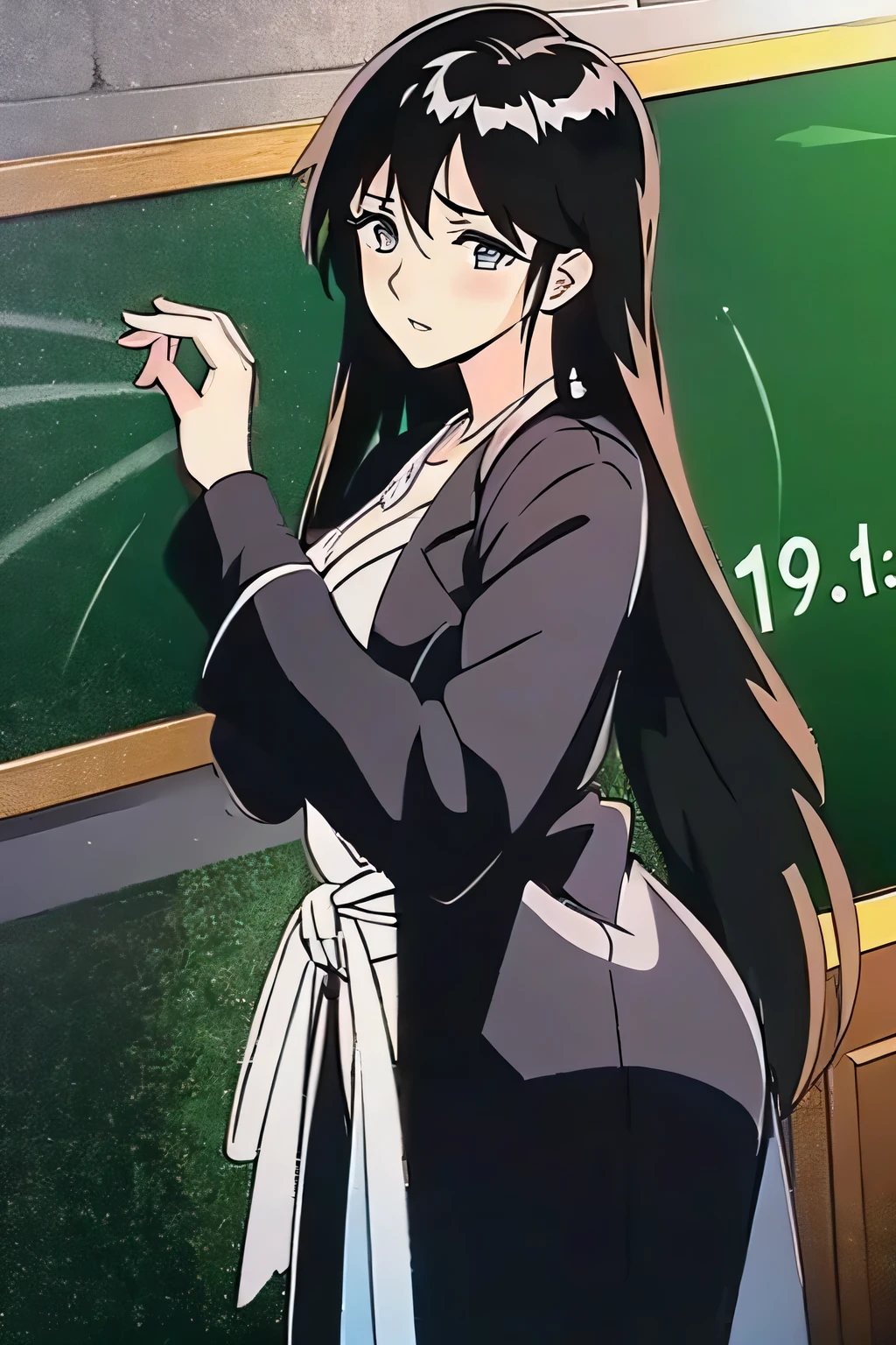Anime girl in front of a blackboard pointing at a chalkboard - SeaArt AI