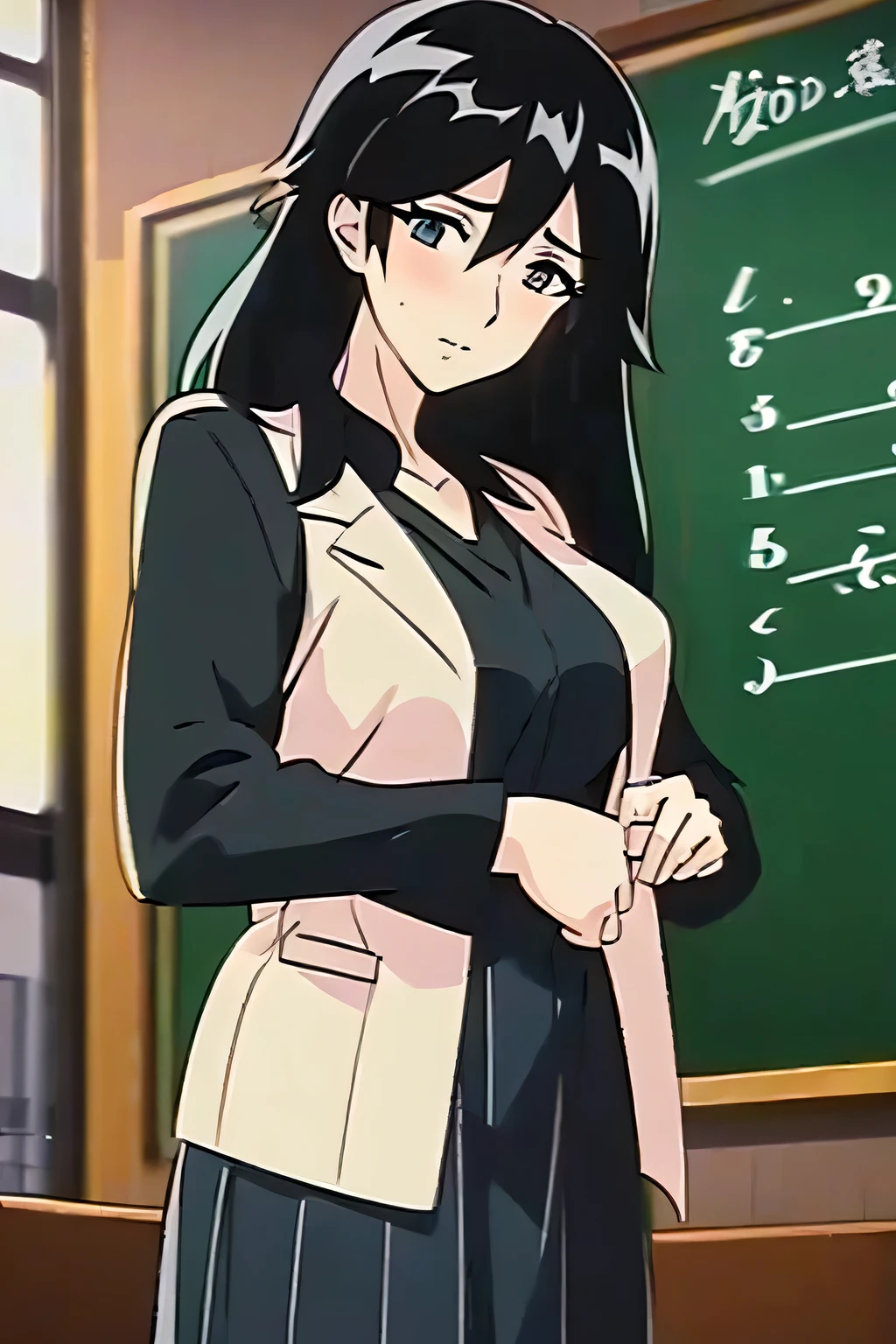 A superbly beautiful and neat female teacher teaching a class with a serious expression in front of a green blackboard at a Japanese high school、Wearing a white coat over a black shirt、Navy blue long skirt、Long, loosely curled black hair、In the classroom of the school、Cowboy Shot、Bust Shot、