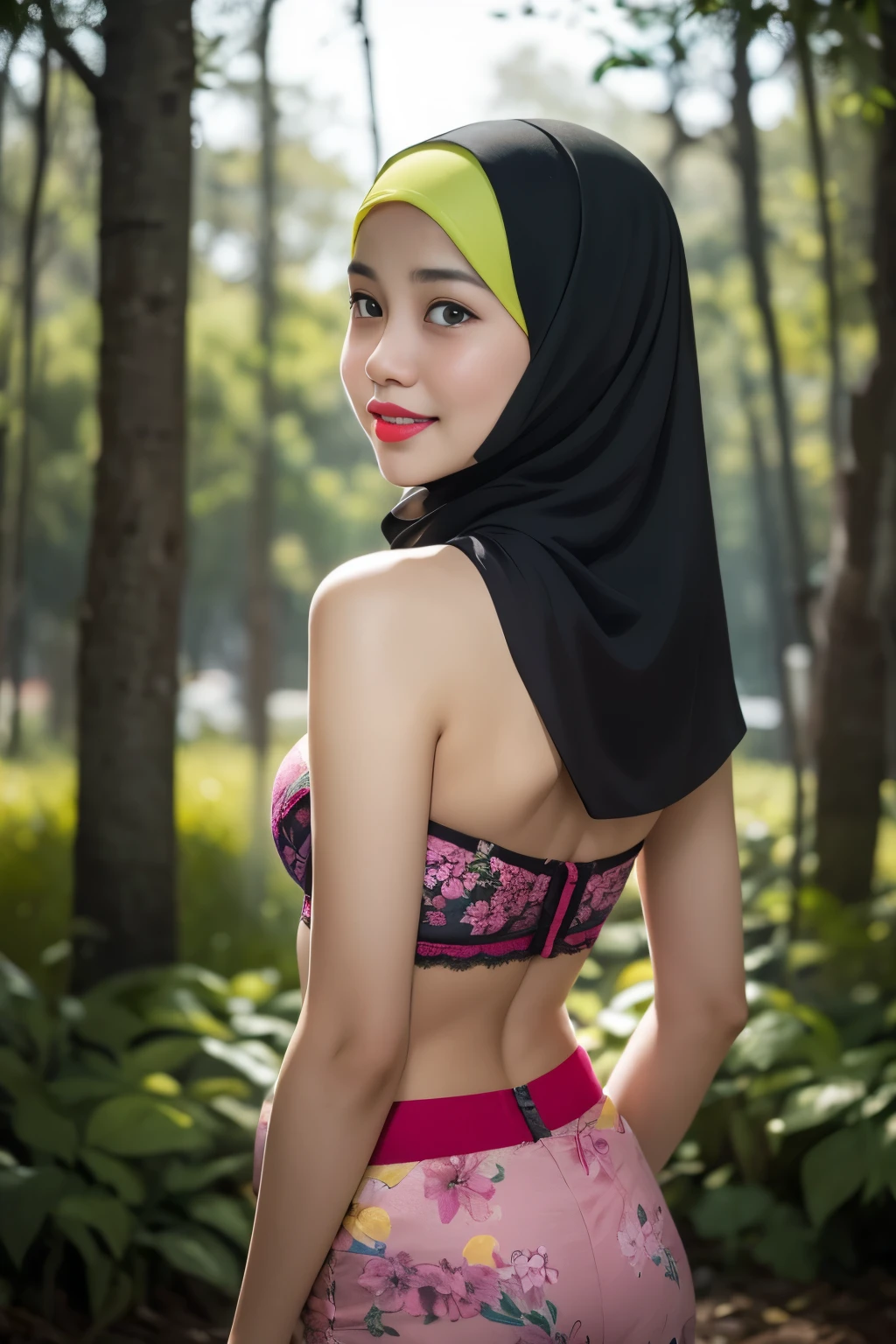 Lace, (Happy smile), (((HIJAB MALAY GIRL))), masutepiece, High quality, UHD 32K, Realistic face, Realistic skin feeling , A Japanese Lady, 8 , , Very cute and baby-like face, (((FLAT CHEST))), (Night time at forest), ((look In front  at the camera and SADNESS)), (((FLUORESCENCE))), (((CUTE GIRL))), ((YELLOW LIPS)), ((Floral Pattern)) little wearing strapless bra, strapless colorful bra, dark night horror scary place (from behind up) seductive pose, a very fluorescent green atmosphere 