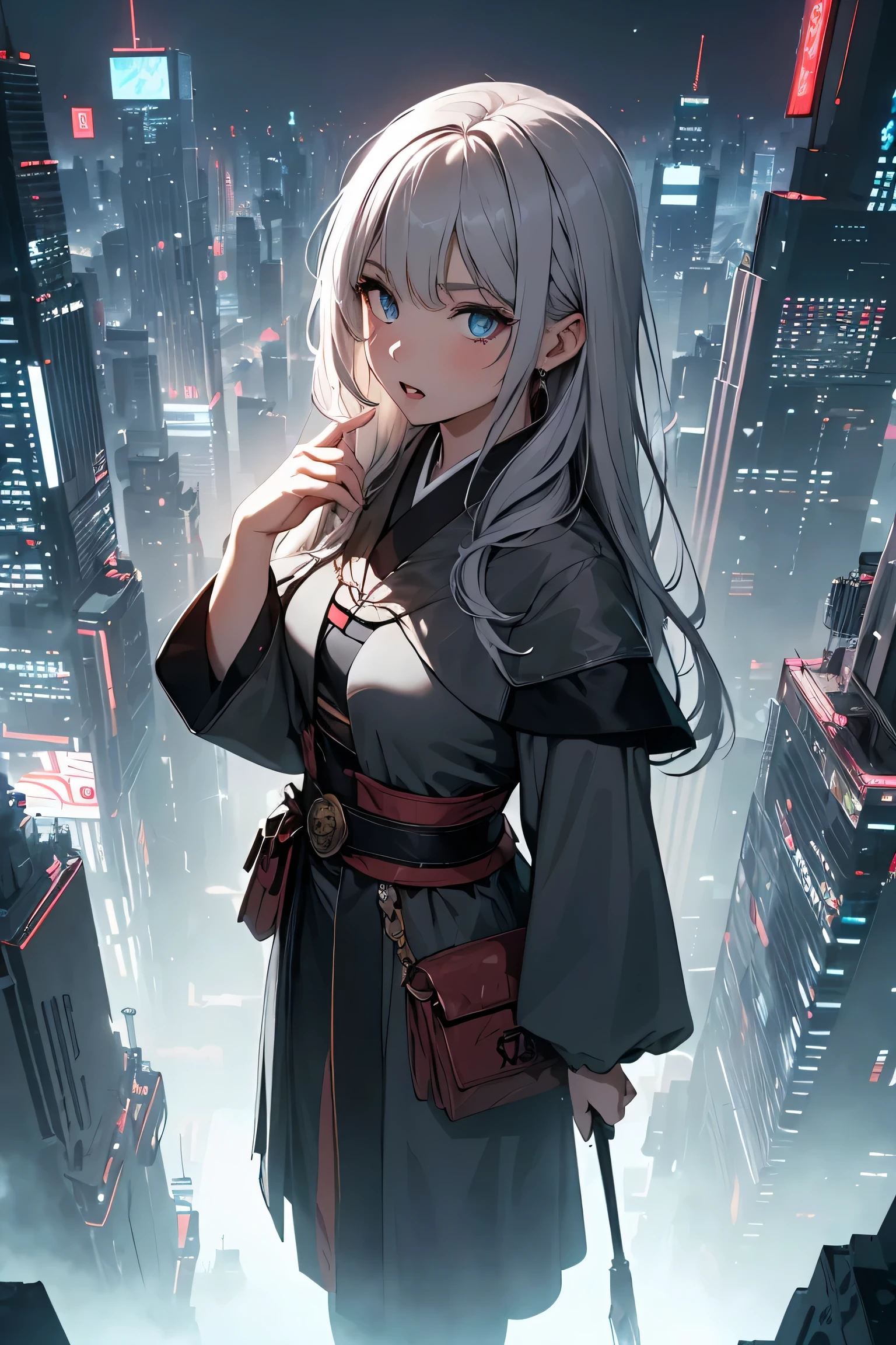 ((masterpiece)), ((best quality)), (ultra-detailed), ((kawaii)), cute, ((lovely)), ((extremely detailed)), 4K, (8K), best quality, (beautiful), illustration, overall bird’s eye view:1.3, cowboy shot, dynamic angle, looking away, (hand up:1.3), BREAK, a pretty woman, 1woman, solo, japanese, (middle ages wizard:1.3), (middle ages wizard costume:1.3), BREAK, (beautiful gray hair:1.3), (semi long hair), ((beautiful hair)), tareme:1.5, beautiful blue eyes, ((beautiful eyes)), white teeth, (surprised), blush, BREAK, (futuristic city with neon wash and cyberpunk atmosphere),