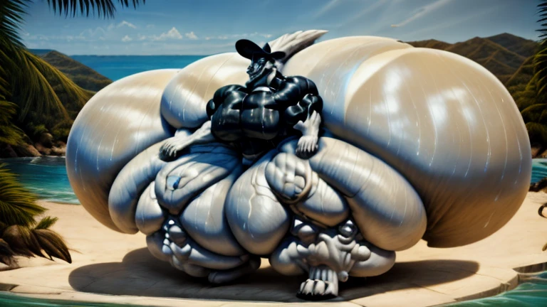 4k, high resolution, best quality, perfect lightning, perfect, solo, anthro, young, boy,white wolf:2.0, furry body, (fluffy mane:1.2), fluffy tail, male, adult, (bulky2:0, thick muscles2:0, huge muscles:2.0, hyper muscles:2.0), (thick biceps, veiny biceps, broad shoulders:2.0), (thick legs, thick calves:1.1), (digitigrade legs, 4 toes:1.2), perfect colors, (photorealistic fur, detailed fur, epic, masterpiece), (suggestive posing:1.2), (seductive smile, lustful grin 1.3), detailed beach,detailed wolf eyes:2.0, by k0suna, by darkgem,nipple ring,hyper arms:2.0,veins,white body,white fur,hyper butt:2.0,hyper paws:2.0,standing,thick legs,thick butts:2.0,sweat body:2.0,massive butt:2.0,black hat,hyper ass:2.0,huge ass,long legs,juicy butt:2.0,butt like a wall:1.5,fat legs
