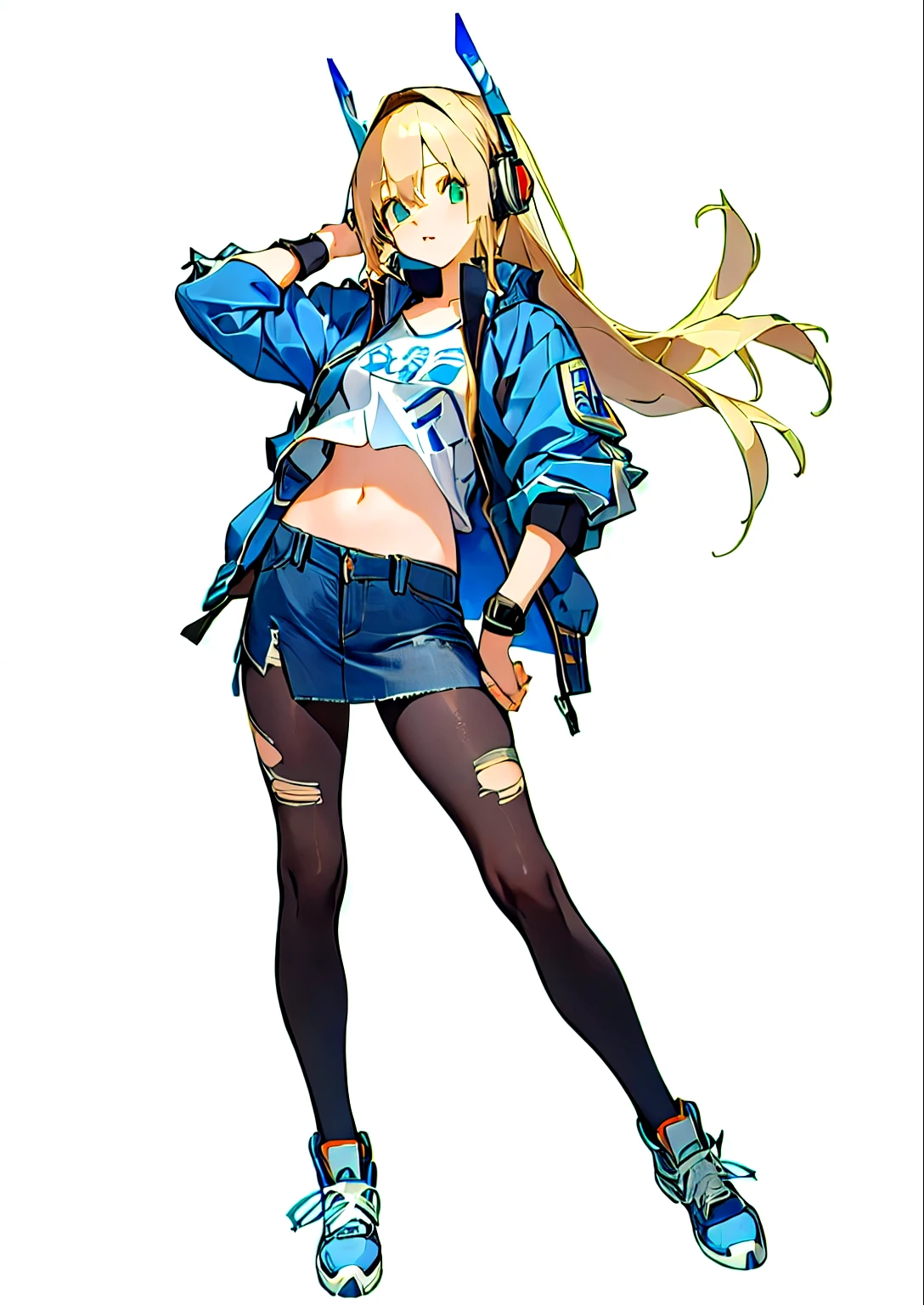 Wearing a blue jacket and black and white clothing、Anime girl wearing headphones, (masterpiece, best quality) detailed,silver accessories , Blonde ,elegant, Pointed ears ，Chinese element pattern，Wear a white shirt and denim skirt,ripped cropped T-shirt,Navel exposed,
