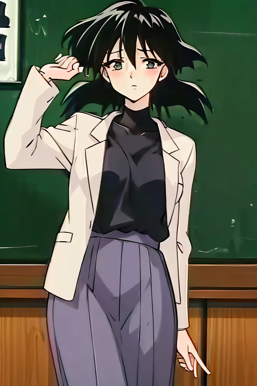 A superbly beautiful and neat female teacher teaching a class with a serious expression in front of a green blackboard at a Japanese high school、Wearing a white coat over a black shirt、Navy blue long skirt、Long, loosely curled black hair、In the classroom of the school、Cowboy Shot