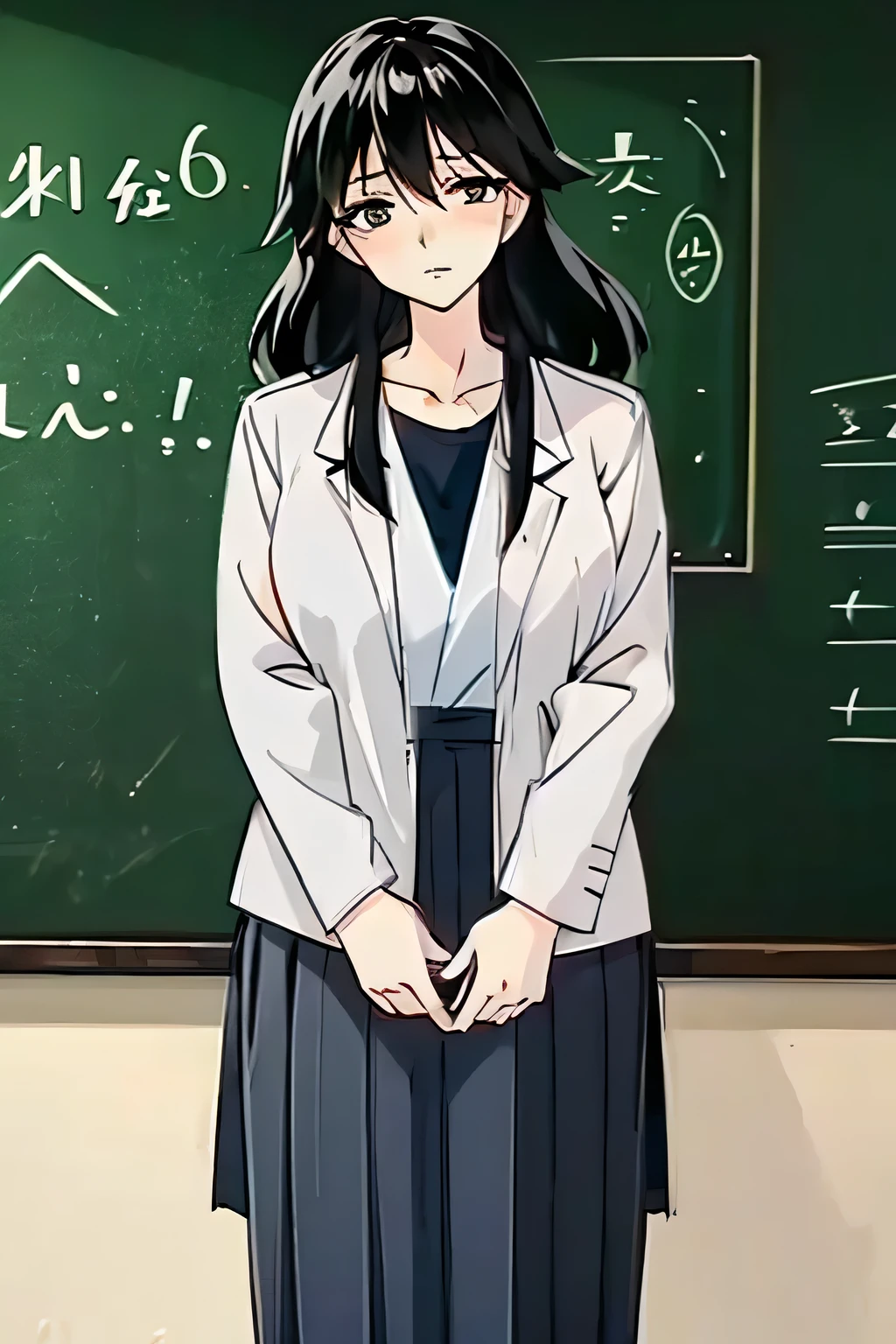 A superbly beautiful and neat female teacher teaching a class with a serious expression in front of a green blackboard at a Japanese high school、Wearing a white coat over a black shirt、Navy blue long skirt、Long, loosely curled black hair、In the classroom of the school、Cowboy Shot