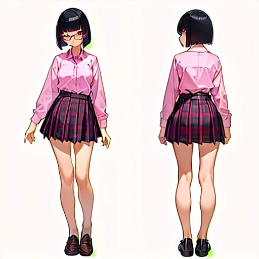 (masterpiece),(8k,best quality,high resolution,),(ultra-detailed,realistic), (anatomically correct),  

((full body image)), (One image with front and back images side by side), (No background), (Standing), 
(1girl),  
(A Japanese girl, 17 years old and 155cm tall.), 

(black hair), (straight hair), (short hair style), (bob cut), (hair behind ears), 
(she wears glasses with black cell-frame frames), 
((high school uniform)), 
((Pink collared dress shirt)),  　 
(red checked miniskirt), 
(brown loafers), 

(Create a detailed image of the eye), 
(Her impression is pure, clean and kind.), (seductive smile), 

(No background),  
