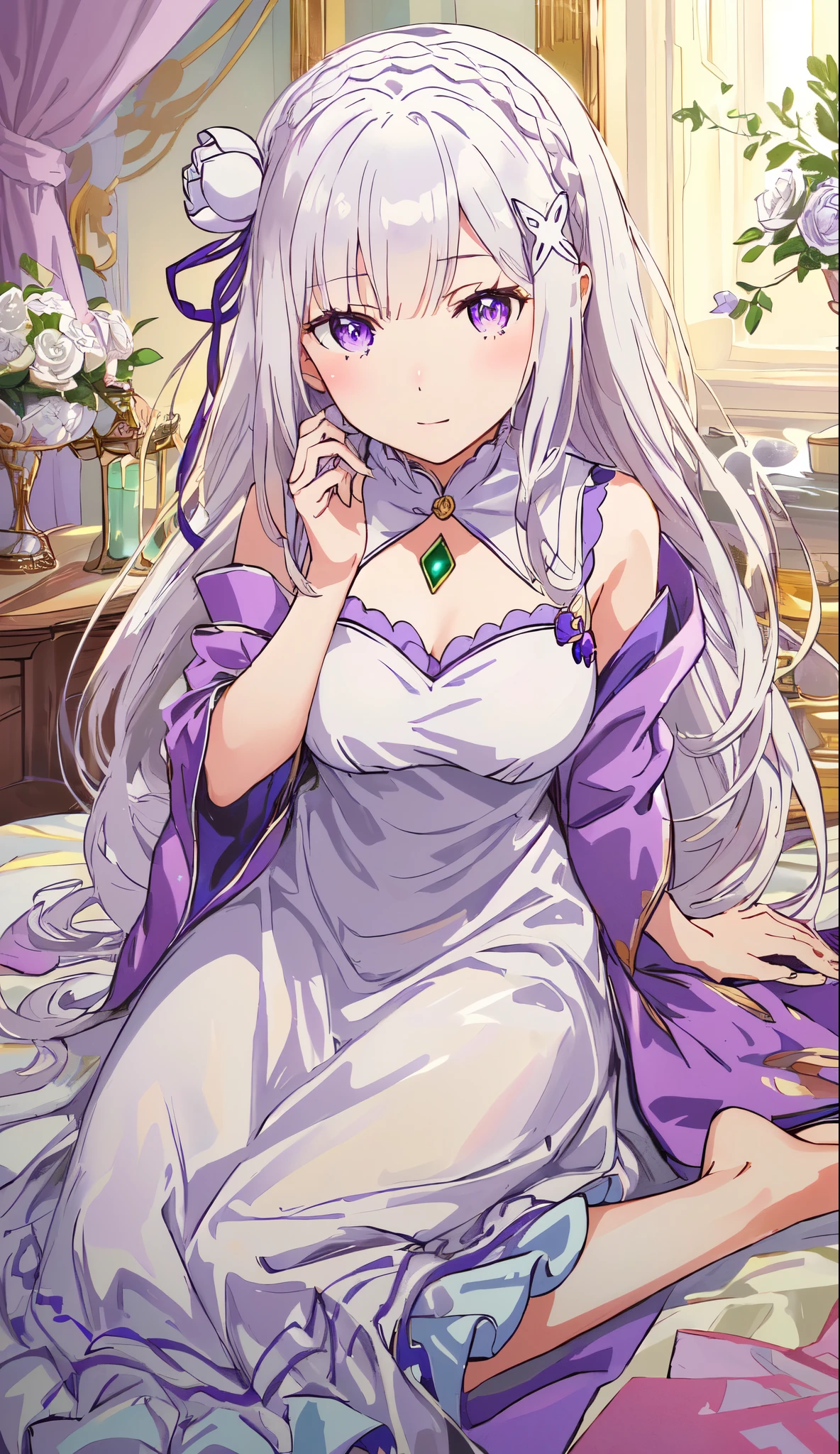 Emilia re:zero, purple eyes, Emilia, crown braid, x hair ornament, flower hair ornament, white hair, long hair, medium breasts, anime girl in a white dress sitting on a bed with a purple dress, white haired deity, in dress, purple eyes and white dress, cute anime waifu in a nice dress, beautiful maiden, anime goddess, high detailed official artwork, ((a beautiful fantasy empress)), royal elegant pose, , atelier lulua, ((wearing aristocrat robe))