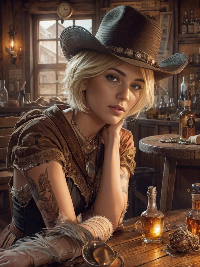 Short-haired female cowboy in a western saloon,blonde,Sitting,Smoking Pipes,table Wisky,piano,6-shot revolver,Barrel,table,Trump,Dust,artwork,3D,4K,detailed,Realistic