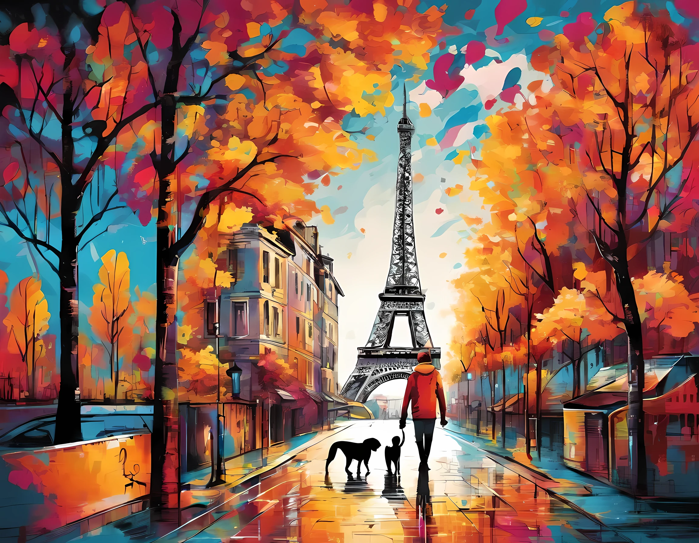 best scenery,Eiffel Tower,Tourist attraction scenery, two lovers, he walks hand in hand , with a dog ,