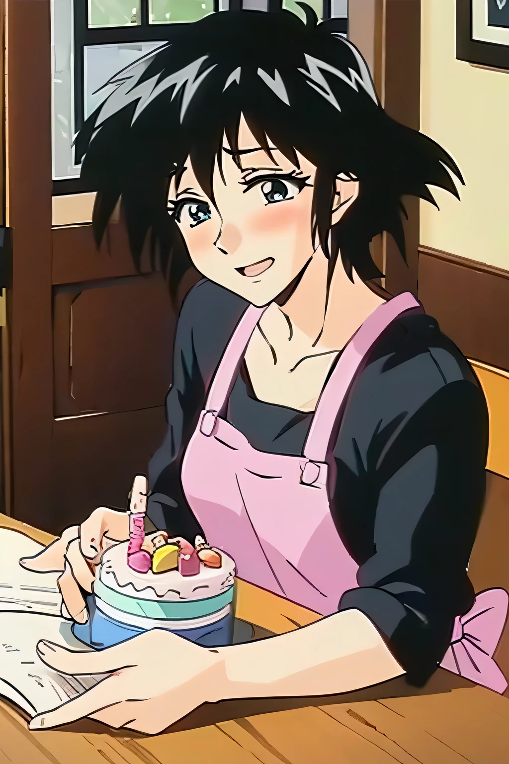 a woman sitting at a table with a cake in front of her, a picture, instagram, shin hanga, young and cute girl, dramatic lighting !n-9, wearing an apron, smiling sweetly, unrea 5, jinyoung shin, tsubasa hanekawa, very beautiful girl, with short hair, 5 e, cutecore, sayori