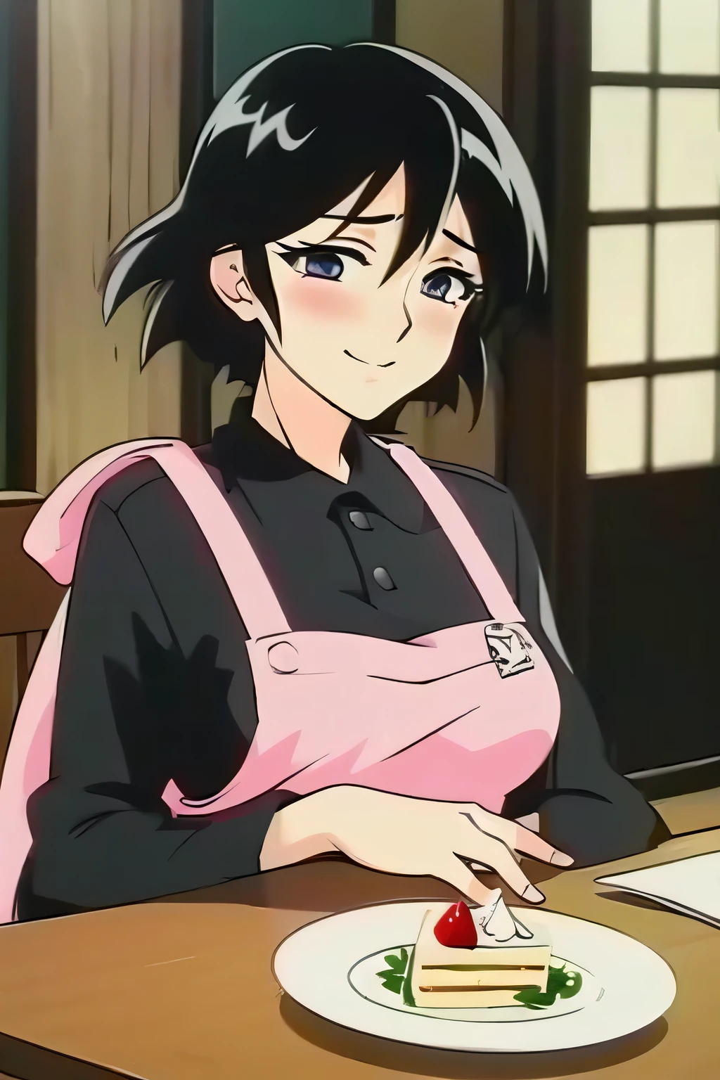 a woman sitting at a table with a cake in front of her, a picture, instagram, shin hanga, young and cute girl, dramatic lighting !n-9, wearing an apron, smiling sweetly, unrea 5, jinyoung shin, tsubasa hanekawa, very beautiful girl, with short hair, 5 e, cutecore, sayori