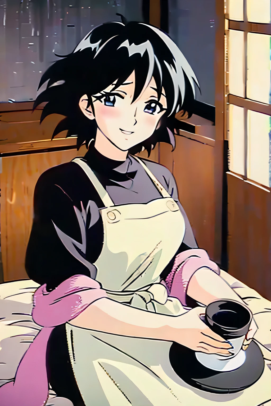 a woman sitting at a table with a cake in front of her, a picture, instagram, shin hanga, young and cute girl, dramatic lighting !n-9, wearing an apron, smiling sweetly, unrea 5, jinyoung shin, tsubasa hanekawa, very beautiful girl, with short hair, 5 e, cutecore, sayori
