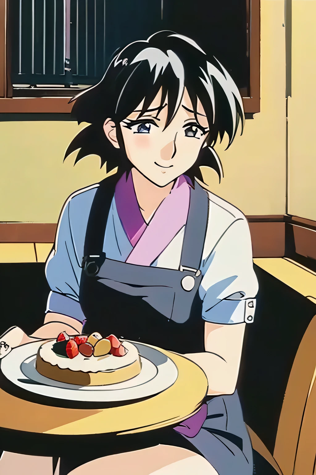 a woman sitting at a table with a cake in front of her, a picture, instagram, shin hanga, young and cute girl, dramatic lighting !n-9, wearing an apron, smiling sweetly, unrea 5, jinyoung shin, tsubasa hanekawa, very beautiful girl, with short hair, 5 e, cutecore, sayori