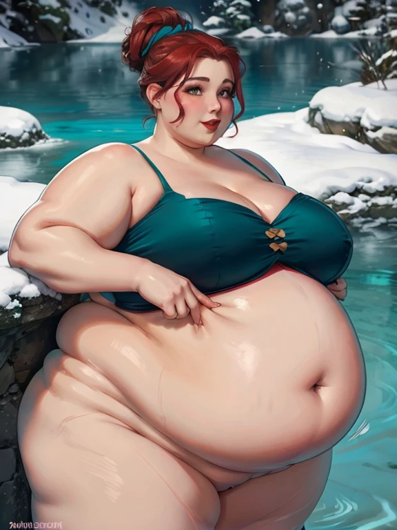 Fat pregnant triss merigold, red lipstick, updo bun hair, eyeshadow, blushed, closed smile, big cheeks,  teal satin dress, Big lips, double chin, chubby body,bbw, morbidly obese, fat rolls, pregnant belly, weight gain, frozen lake, hot springs