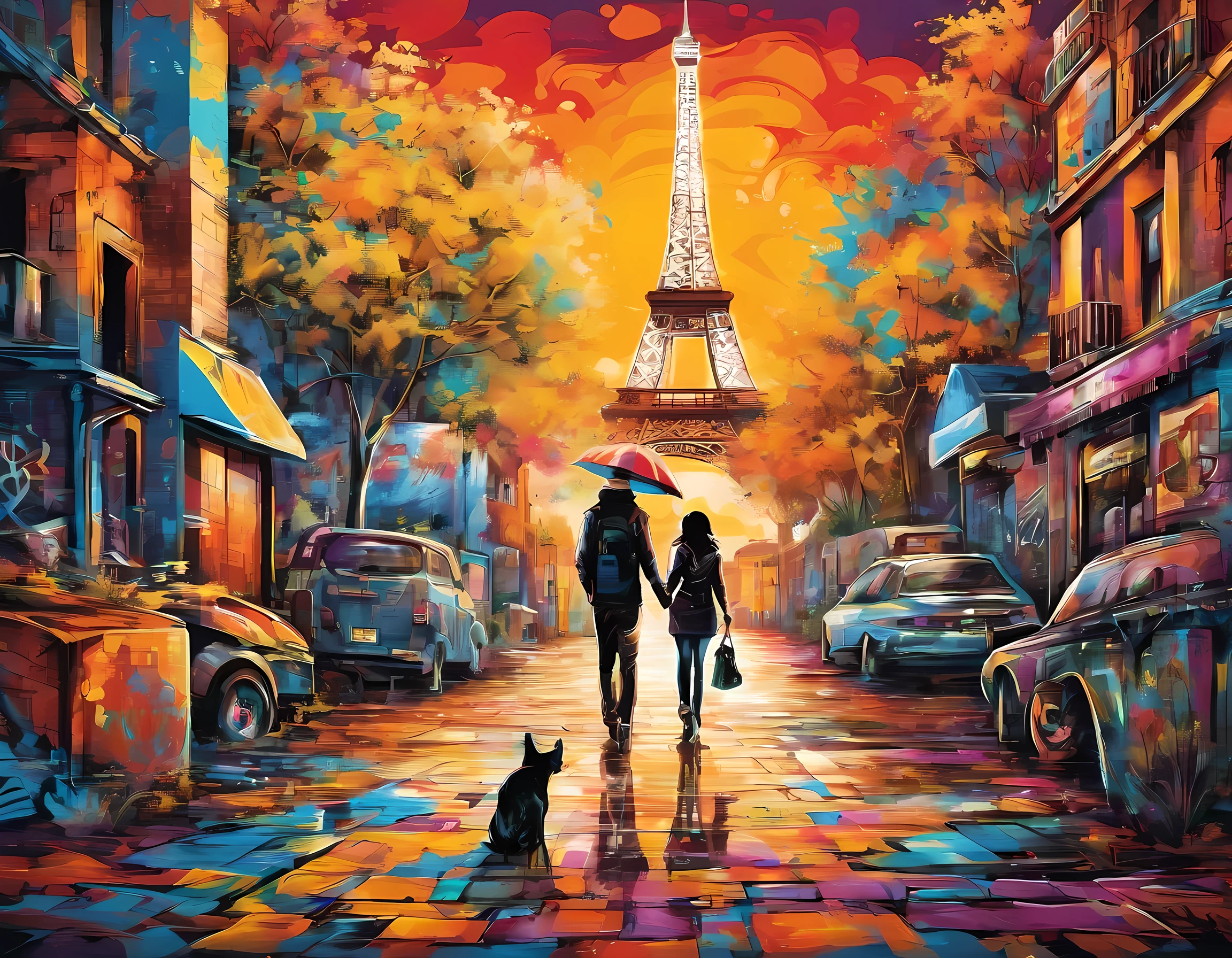 best scenery,Eiffel Tower,Tourist attraction scenery, two lovers, he walks hand in hand , with a dog , 