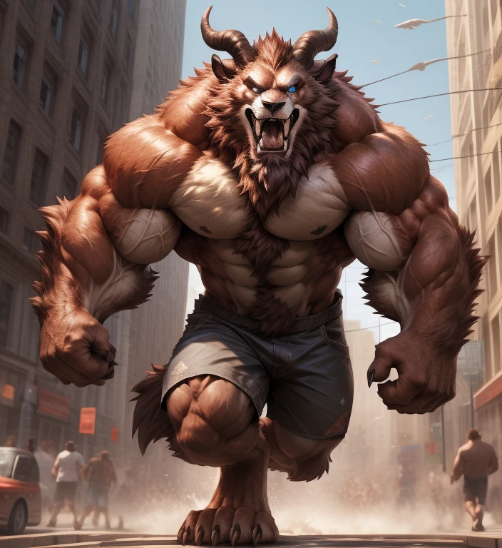 A photorealistic image of the Beast from the movie Beauty and the Beast, super muscular giant, with muscular arms, broad shoulders, giant and toned physique, bursting muscular veins, blue eyes, tail, super furry brown fur, backward facing horns, with veins jumping, barefoot, 50 meter tall supergiant in the center of a city, lifting an extremely heavy weight bar, Lora:, full height. 4K, high resolution, best quality, (strong pecs, big defined muscles, muscular shoulders), correct anatomy, (by Wfa:1.0), (by Takemoto Arashi:1.0), (by Taran Fiddler:0.5), sensual, (shorts red, topless), sensual shadows, slender posture, open mouth, exposed tongue, open eyes:1, detailed eyes