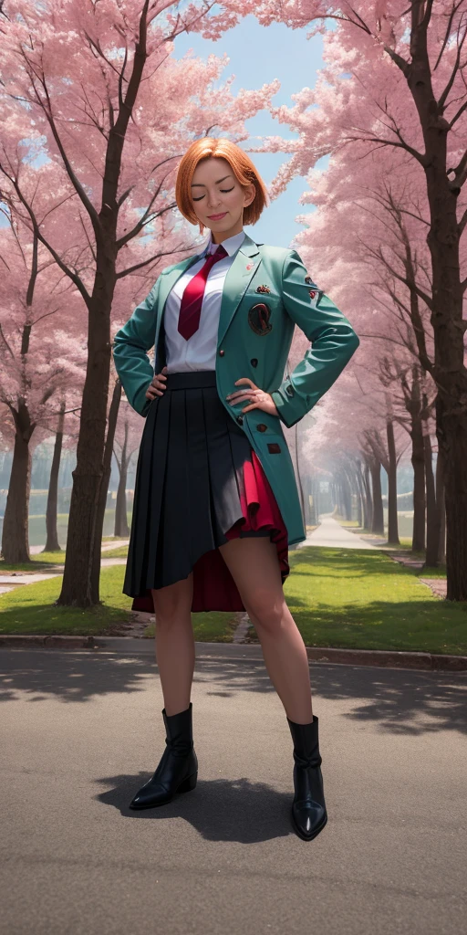 Female, standing, straight, 1girl (Full body, view from below, cowboy shot, looking at viewer, masterpiece, best quality, ultra detailed, immaculate:1.2) 30 y.o. woman, red eyes, short BLONDE hair, posing for photo, seductive smile, grey jacket, red necktie, green skirt, Sakura tree, building, (pinched eyes) (closed mouth) (hands on hips)