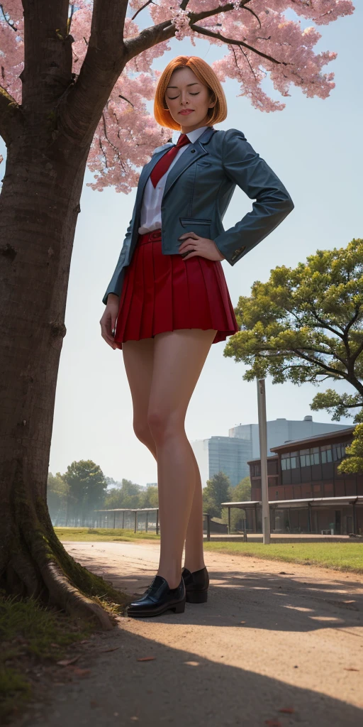 Female, standing, straight, 1girl (Full body, view from below, cowboy shot, looking at viewer, masterpiece, best quality, ultra detailed, immaculate:1.2) 30 y.o. woman, red eyes, short BLONDE hair, posing for photo, seductive smile, grey jacket, red necktie, green skirt, Sakura tree, building, (pinched eyes) (closed mouth) (hands on hips)