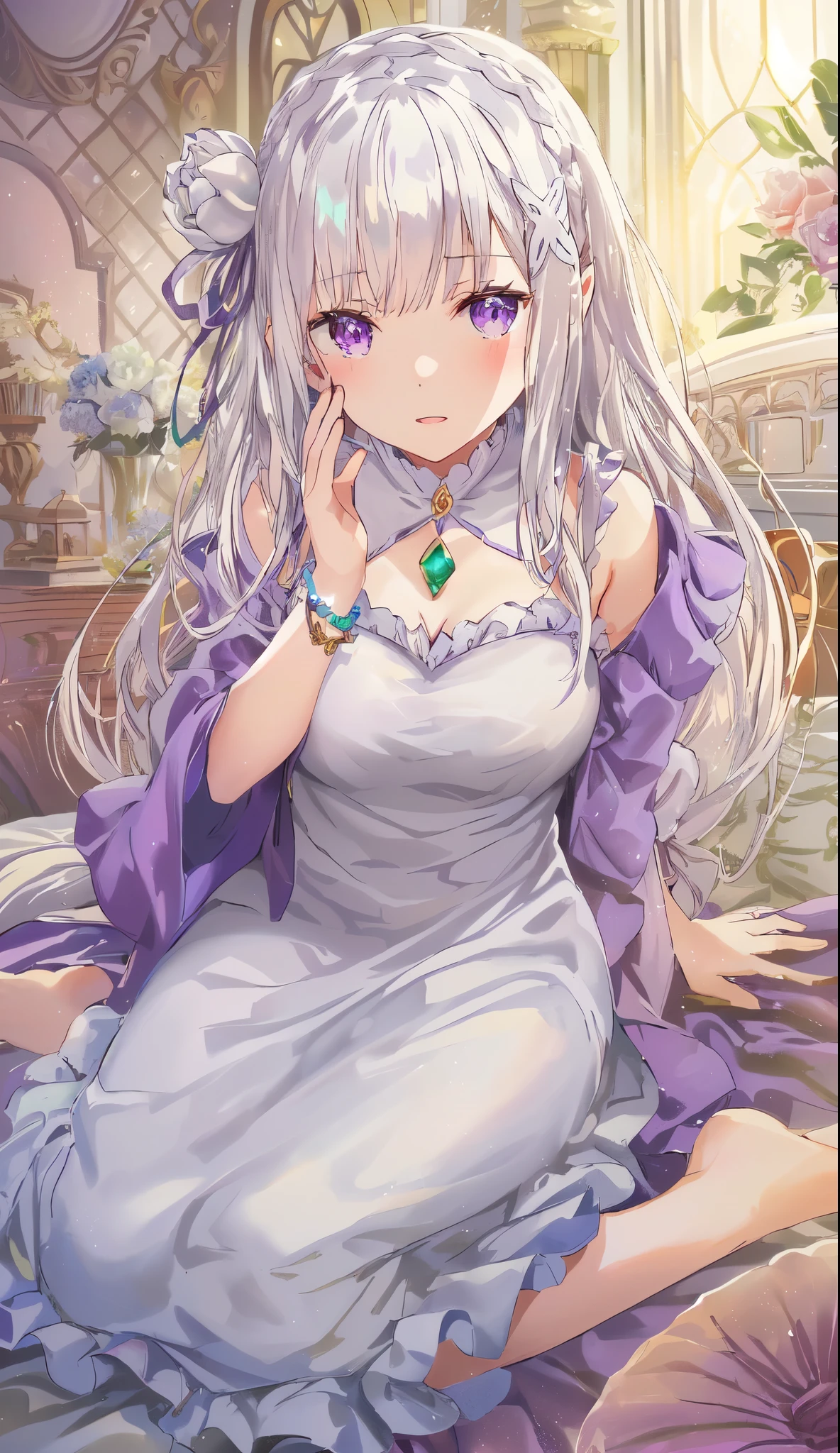 Emilia re:zero, purple eyes, Emilia, crown braid, x hair ornament, flower hair ornament, white hair, long hair, medium breasts, anime girl in a white dress sitting on a bed with a purple dress, white haired deity,  in dress, purple eyes and white dress, cute anime waifu in a nice dress, beautiful maiden, anime goddess, high detailed official artwork, ((a beautiful fantasy empress)), royal elegant pose, , atelier lulua, ((wearing aristocrat robe))