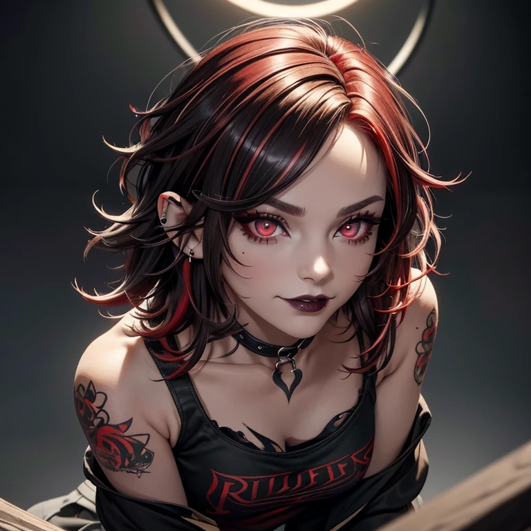 A gothic girl, with a broad-shouldered T-shirt, skull print, (ripped pants:1.3), black lipstick, bright lips, crazy smile, smoky eyes, ear piercing, (hair with highlights, black and red hair, messy hair, short hair, hair color: 1.4), body covered in tattoos, image with glowing skin, (solid circular eyes, beautiful and refined red eyes:1.3), visible and realistic features, anatomically shaped skin, correct texture, beautiful and highly detailed face, cinematic lighting, contour shading, motion lines, sharp focus, vivid colors, intricate details, high resolution, 8k, Ultra HD, hyper-realism, ray tracing, high detail, masterpiece, best quality, depth of field.