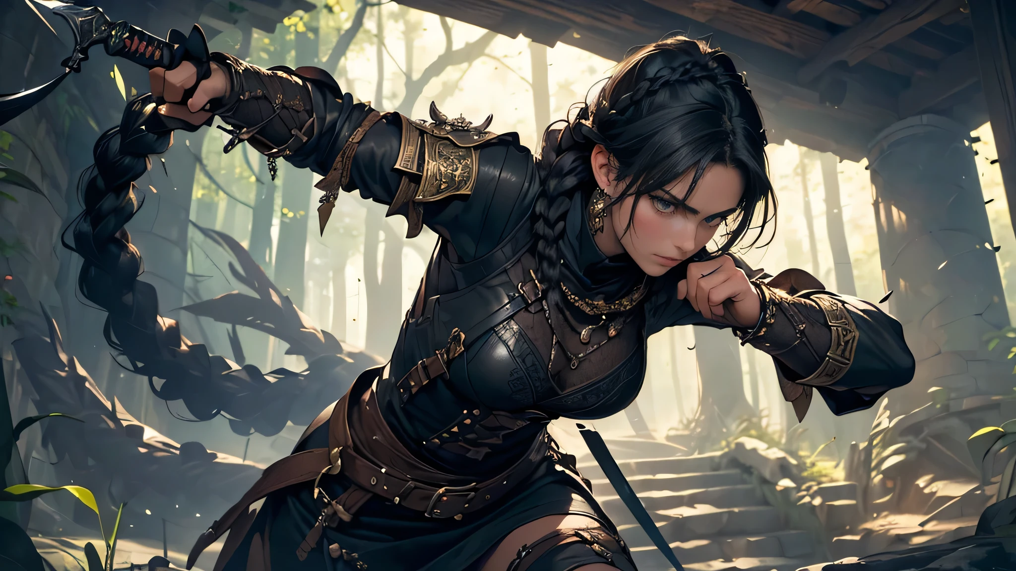 (highres,masterpiece:1.2),(best quality,photorealistic:1.37),dark, mysterious fantasy scene,underground cave, girl with long, braided black hair,dressed in black adventurer clothes,sword, fighting,menacing basilisk cobra