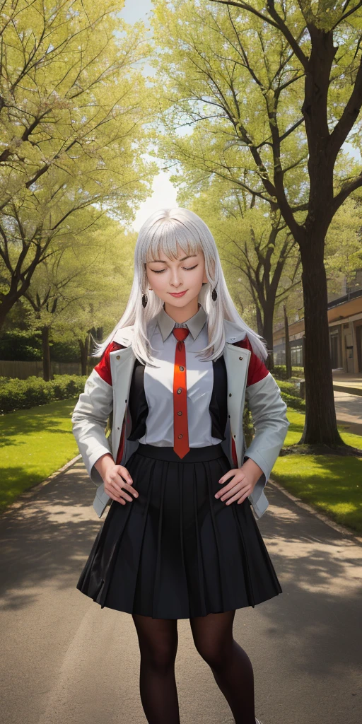 Female, standing, straight, 1girl (Full body, view from below, cowboy shot, looking at viewer, masterpiece, best quality, ultra detailed, immaculate:1.2) 30 y.o. woman, red eyes, LONG SILVER WHITE hair, posing for photo, seductive smile, grey jacket, red necktie, green skirt, Sakura tree, building, (pinched eyes) (closed mouth) (hands on hips)