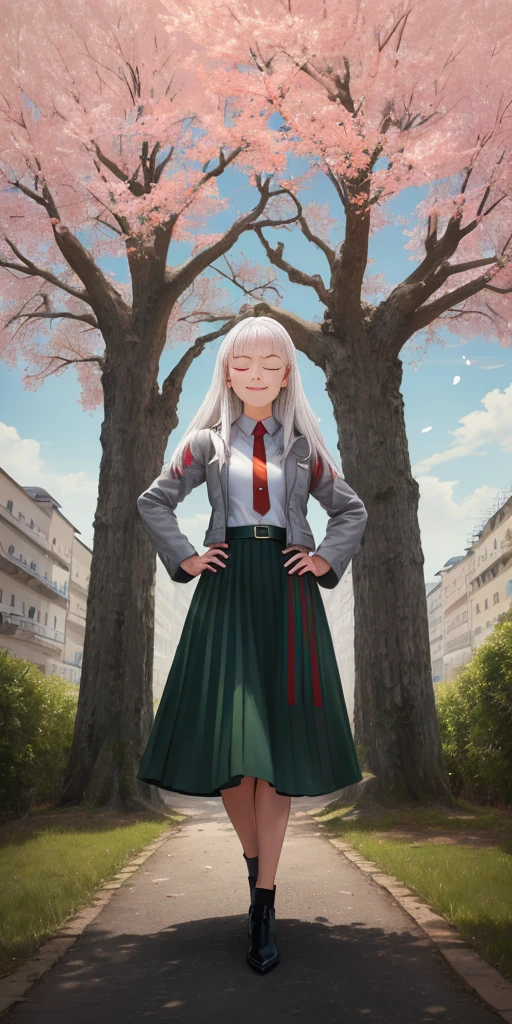 Female, standing, straight, 1girl (Full body, view from below, cowboy shot, looking at viewer, masterpiece, best quality, ultra detailed, immaculate:1.2) 30 y.o. woman, red eyes, LONG SILVER WHITE hair, posing for photo, seductive smile, grey jacket, red necktie, green skirt, Sakura tree, building, (pinched eyes) (closed mouth) (hands on hips)