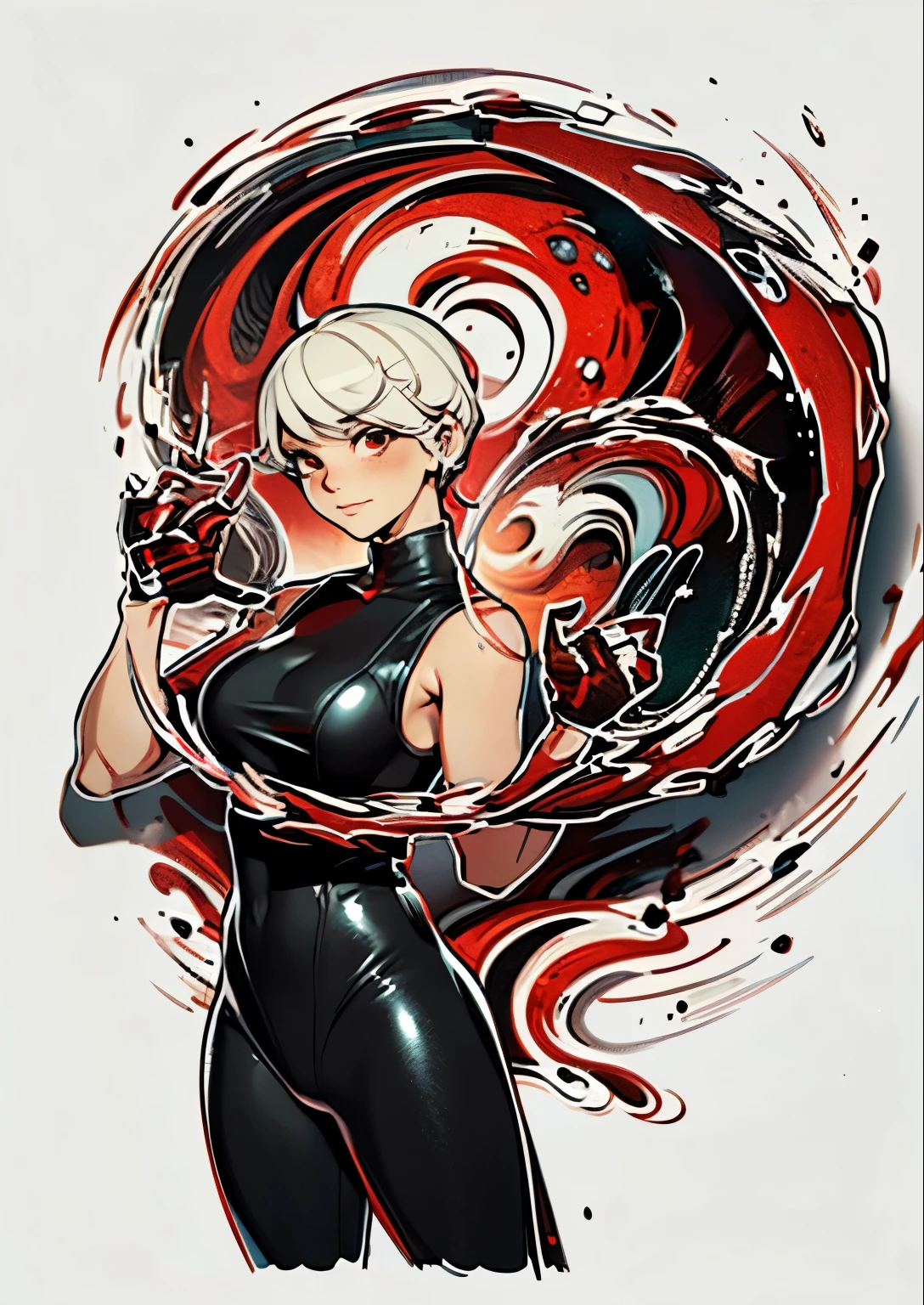 Full color page of an anime style character sheet for me. 28-year-old white/Caucasian female. She has a short white hairstyle. She has shaved hair on one side and very long white bangs on the other. She has red eyes and freckles on her nose. She is wearing a sleeveless black leather tight top and shiny black leather tight leggings. Half-length/waist up portrait. ((She gestures with her hands creating a magical red swirl effect:1.7)). ((anatomically perfect and detailed hands: 1.6)). The girl is looking at the camera. Her face has an expression of determination. Original concept, illustration, high quality, ultra detailed, masterpiece, spectacular, full length portrait. best quality, masterpiece, detailed, High resolution, masterpiece, best quality, Ultra detailed, masterpiece, best quality, Ultra detailed, masterpiece, best quality, Ultra detailed, masterpiece, best quality master+, spectacular, 8k,