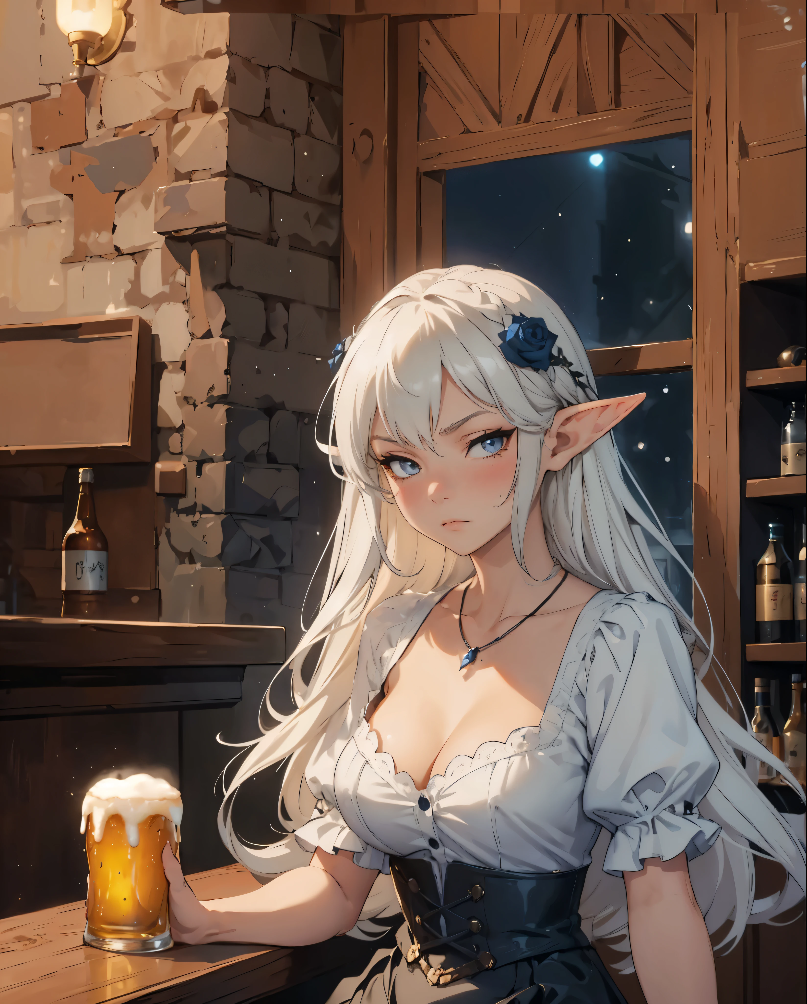 masterpiece, high quality, 1_woman, (upper body), (sitting), mature, tall, beautiful, exotic, long elf ears, platinum blonde long hair, gray colored eyes, dark eyeliner, ((looking away from viewer)), (half-closed eyes), (annoyed), (drunk), (blushing), ((holding glass of beer)), medium_bust, cleavage, puffy shirt, white blouse, (((short sleeves))), bare_shoulders, dark blue high waist underbust dress, four buttons at waist, hair ornament, (blue rose in hair), flounce hemline, wearing (necklace with silver ring on it), rustic tavern, bar counter, (sitting at bar), window with stars, starry night, candles, 