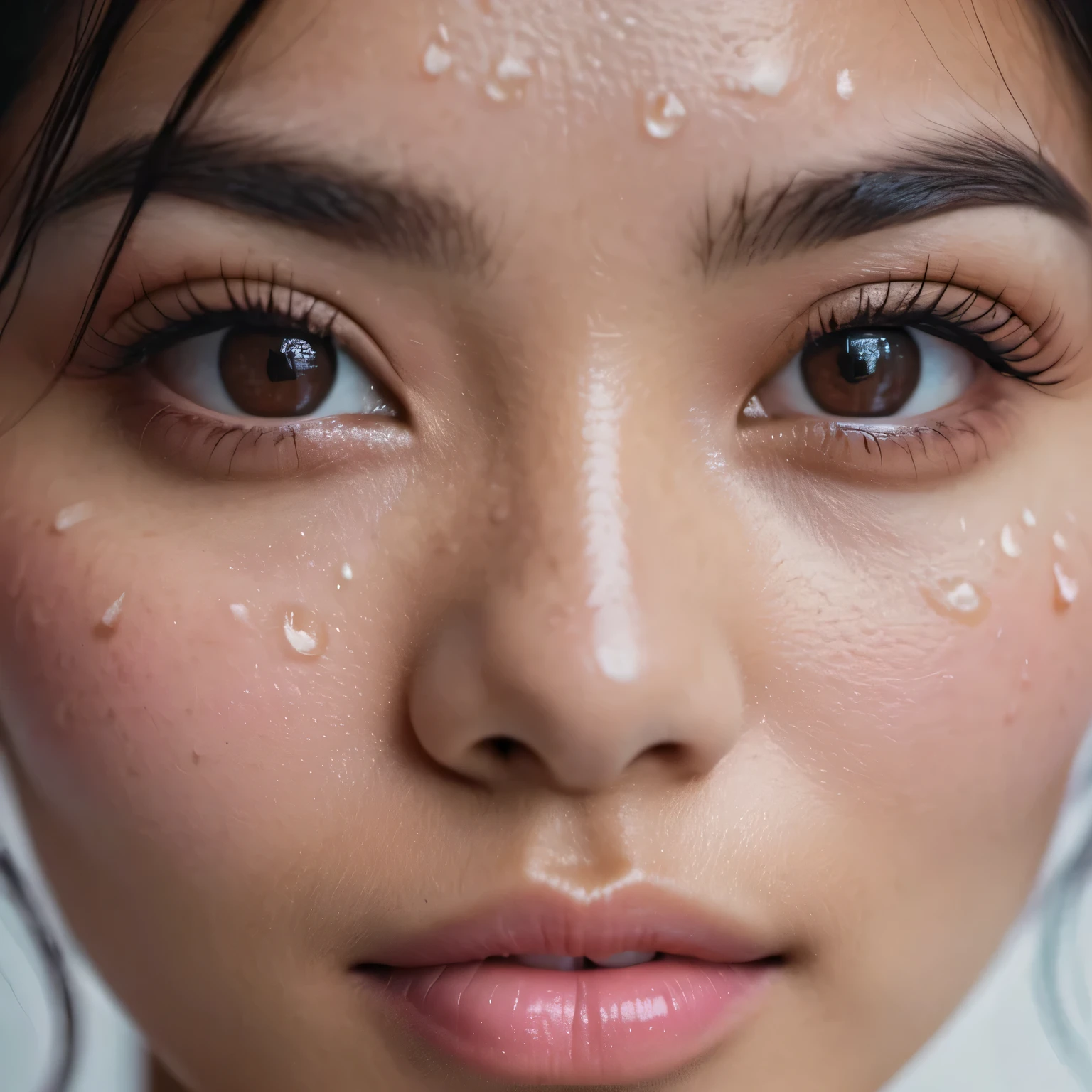 an eye contact of a Kyrgyz-malay mix woman, grimace, primer, Intricate, cream eyeliner, stain lipstick, odd numbers, Button nose, Freckles, in the heavy rain, wet look, bob haircut, pink skin color, soft focus. 8k, highly detailed, detailed skin texture, natural skin texture, detailed cloth texture, perfect eyes, detailed eyes,, (high quality, best quality:1.3), Extremely high-resolution, amateur photo, Fujifilm Superia Premium 400, Nikon D850 film stock photograph Kodak Portra 400 camera f1.6 lens, 