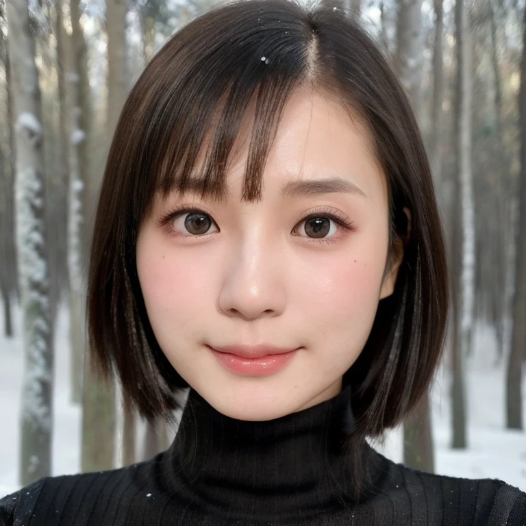(kawaii 24 year-old Japanese girl, Nogizaka idol, Korean idol), (glossy black hair, chignon, bangs:1.3), (deep black eyes, rounded face, single eyelid, no makeup, soft smiling:1.2), (wearing black turtleneck knitted sweater:1.3), (extra small breasts:0.9), (facing straight at camera:1.2), BREAK, (snowy winter forest background:1.3), (id photo, bust shot, view from straight forward:1.3), BREAK, (masterpiece, best quality, photo realistic, official art:1.4), (UHD, 8K quality wallpaper, high resolution, raw photo, golden ratio:1.3), (shiny skin), professional lighting, physically based rendering, award winning, (highly detailed skin, extremely detailed face and eyes), Carl Zeiss 85 mm F/1.4, depth of field, 1girl, solo,