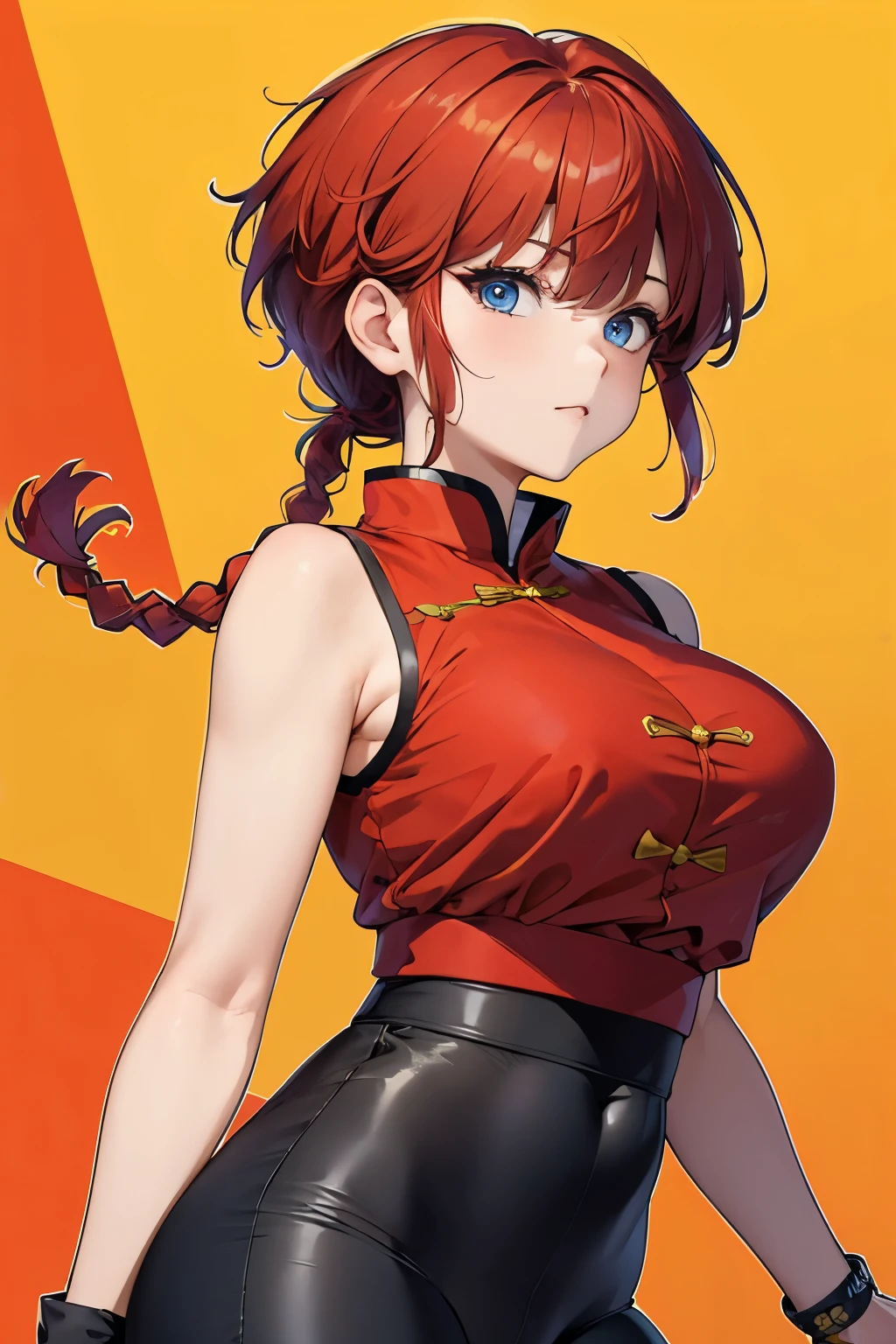 ((masterpiece)), high quality, very_high_resolution, large_filesize, full color, heavy outline, clear outline, colorful, (beautiful detailed eyes), (beautiful face:1.3), boyish face, 1 girl, (femaleranma), (red hair), short hair, (braided ponytail), ((bangs)), bumpy bangs, blue-gray eyes, big breasts, curvy, black-wristbands, femaleranma, braided ponytail, chinese clothes, sleeveless, tangzhuang, black pants, cameltoe, standing, upper body, front view, 