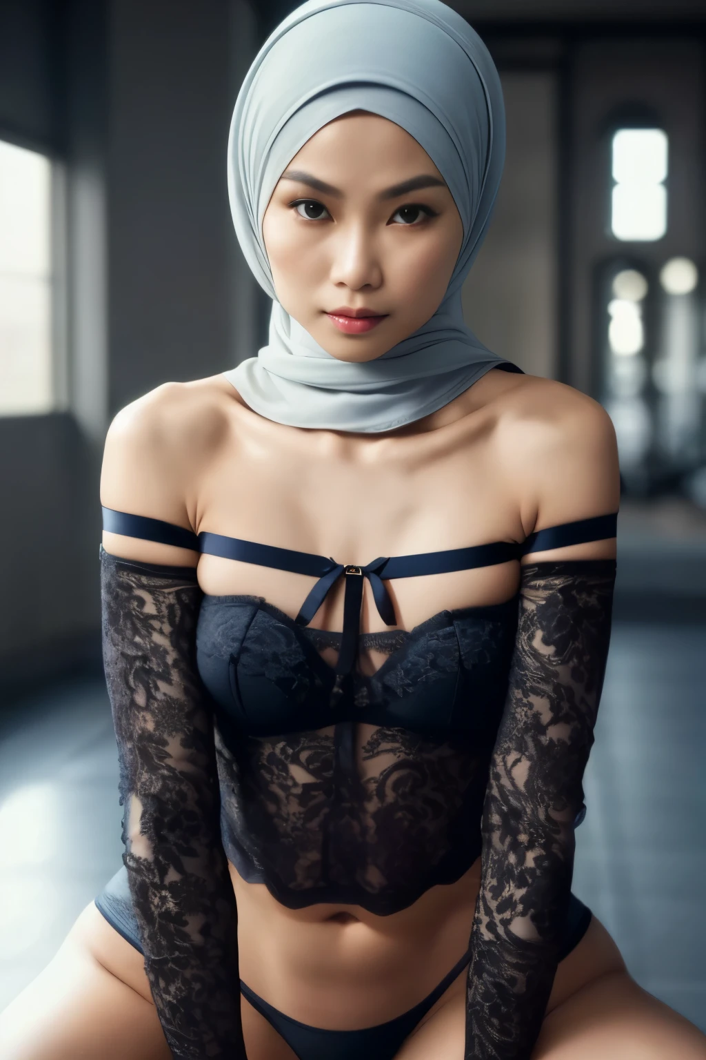 Lace blindfold,  ((SHORT HIJAB)), ((Flat chest:1.7)), (dynamic photograph of a 58 year old Indonesian woman), (slim top, cotton panties), (straight non curly hair), (highly detailed face:1.4), (vascular muscles and abs:1.3), (background inside light, bright, private gym:1.1), (8k, uhd, dslr, high quality, cinematic lighting, bokeh), (dramatic, award winning photography, incredible masterpiece:1.3), (((sexy sultry stare at camera:0.8))), close up, ((she is ready to dominate you:0.5)), ((beautiful feminine face)) (she is a champion MMA fighter), add_detail:1, ((Wearing strapless pastel)) lace yellow fluorescence , from behind view, seductive pose, straddling ,