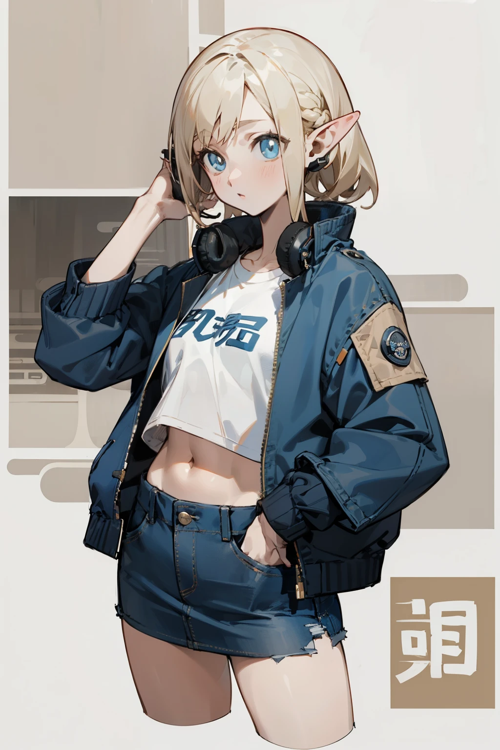 Wearing a blue jacket and black and white clothing、Anime girl wearing headphones, (masterpiece, best quality) detailed,silver accessories , Blonde ,elegant, Pointed ears ,Chinese element pattern,Wear a white shirt and denim skirt,ripped cropped T-shirt,Navel exposed,
