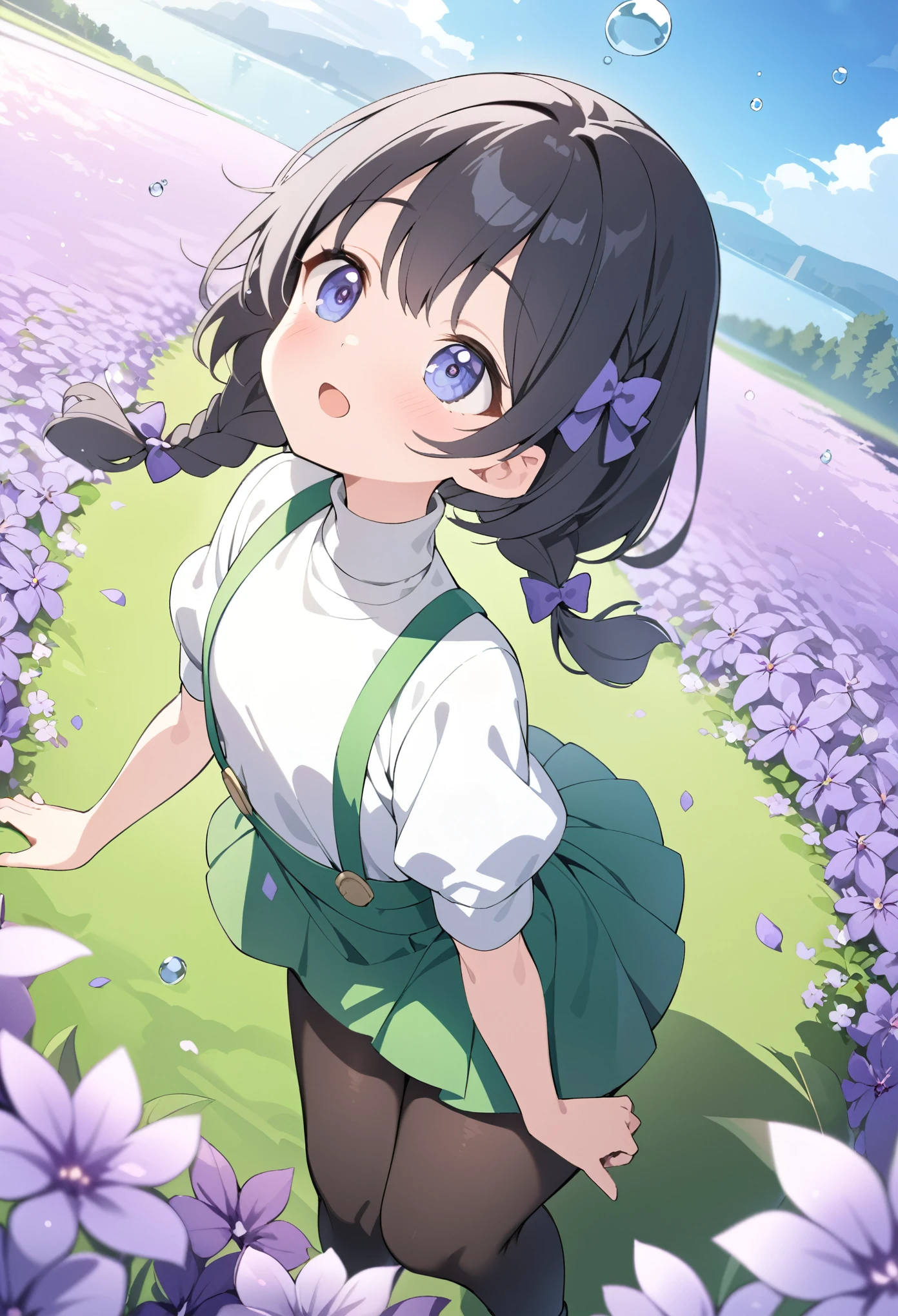 best quality, masterpiece, ultra resolution, super details, anatomically correct, 1 girl, full body, junior child, (black hair:1.2), high quality eyes, high quality hands, (thin braids:1.4), (hair bows:1.3), (short hair:1.5), (white turtleneck:1.5), short sleeve, (bubble sleeves:1.2), (green skirt:1.5), (green suspenders:1.5), (black pantyhose:1.5), mary janes, (delighted expression:1.3), (tilting up), (looking up:1.2), (purple flower field beside a lake:1.3), flying flower flakes, high quality background, depth of field, dutch angle