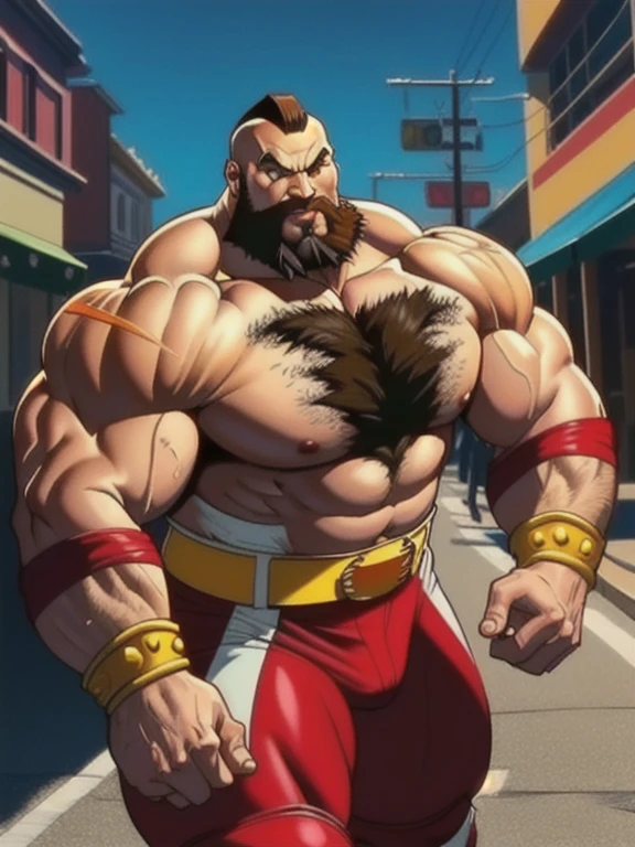 zangief,a man with a beard and a yellow belt, fighting game character, street fighter 5,muscled humanoid,heavy looking,buff man,wrestler,Red briefs,capcom,street fighter,shirtless,muscular male,chest hair,visually weighty,bearded man,mohawk hair