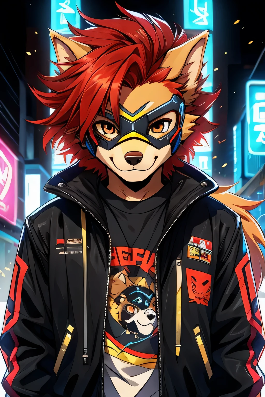 Young werewolf,80%Golden Retriever,20%Red Hair,Wearing a black jacket with a neon pattern,Wearing a half mecha mask,Wearing gamer's headphones, whole body,Standing,Cyberpunk, side fringe