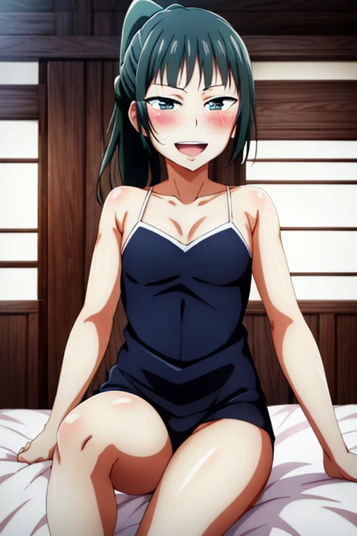 masterpiece,best quality,ultra detailed, nsfw, 1girl, SittingBlowjobQuiron pose, おっぱい, aroused, one-piece swimsuit, BLACK_HAIR, BANGS, LONG_HAIR, HAIR_ORNAMENT, BLUNT_BANGS, BLUSH, GREEN_EYES, SMILE, HAIRCLIP, AQUA_EYES, embarrassed