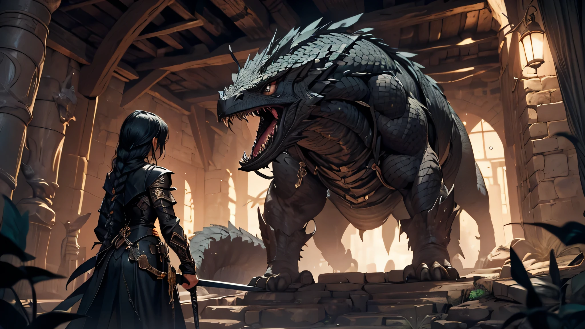 A dark, mysterious fantasy scene set in an underground cave featuring a girl with long, braided black hair dressed in black adventurer clothes fighting a menacing basilisk cobra monster with her short sword. detailed, Gothic aesthetic