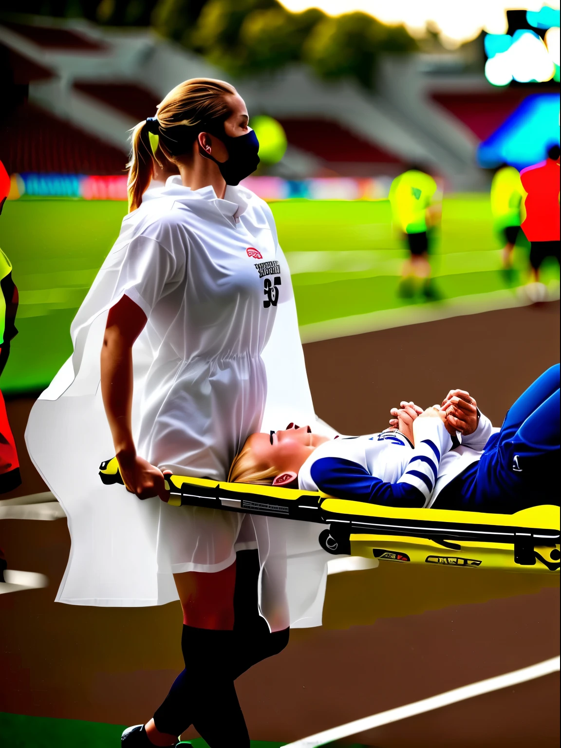 an indonesian girl in a white rain poncho, inside a soccer stadium, a long-haired very beautiful young blond woman in a black and white plastic jacket, a long-haired blond woman in a very shiny black and white vinyl jacket, a blond with an extremely angry expression on her face and a very worried expression, a very strong blonde woman with make-up in an extraordinarily shiny plastic jacket, a stretcher is being carried diagonally from back left to right in our direction, an athletic man with a matt white t-shirt and matt black sports shorts is lying on the stretcher on his back with his head backwards , the man on the stretcher has his arms bent and covers his face with both hands, the man on the stretcher has both hands over his face, pose in pain on the stretcher, transporting the wounded in the football stadium, the beautiful blonde is exceptionally heavily made up and has a Extremely desperate and very angry facial expression, high-resolution photo, realistic sports photo, soccer scene, soccer game at night, made-up blonde woman in extremely shiny clothing, injury scene, real photo, ultra-realistic, high-resolution, sports photography