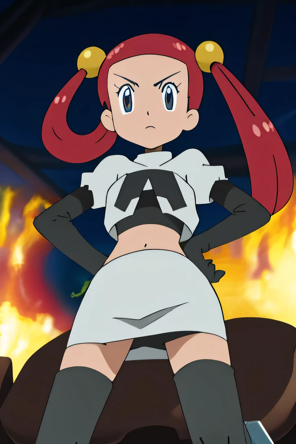 masterpiece,best quality,high res,high quality,8k, masterpiece,highres, team rocket uniform, red letter r, white skirt,white crop top,black thigh-high boots, black elbow gloves, glaring angrily, looking down at viewer, hands on hips, cowboy shot, zettai ryouiki,spread legs,from below, black panties,anime style, vivid colors, sharp focus, intense lighting,Mira