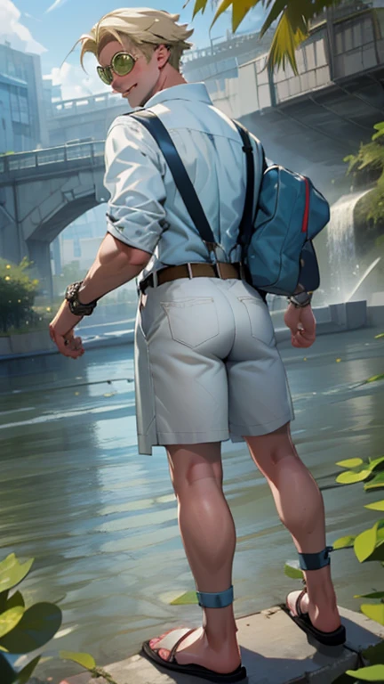 masterpiece, best quality, absurdres, 1boy, solo, KentoNanami, goggles, from behind, (yellow sundress), garden, day, sunshine, smile, looking back,