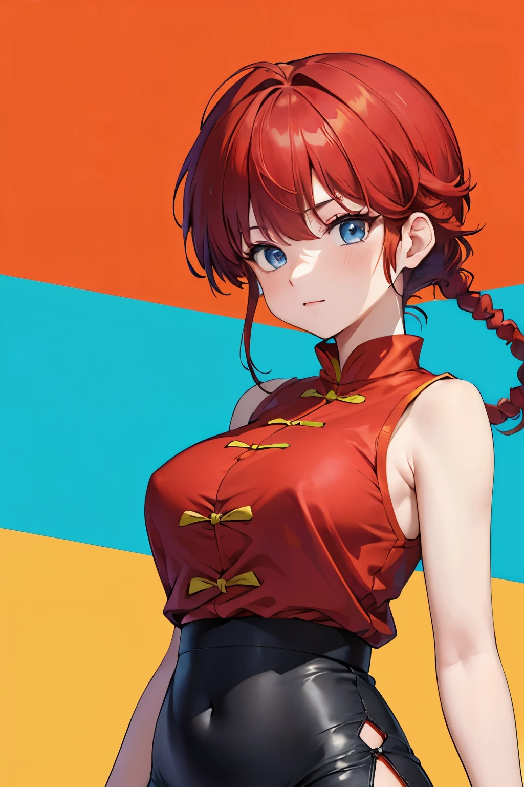 ((masterpiece)), high quality, very_high_resolution, large_filesize, full color, heavy outline, clear outline, colorful, (beautiful detailed eyes), (beautiful face:1.3), boyish face, 1 girl, (femaleranma), (red hair), short hair, (braided ponytail), ((bangs)), bumpy bangs, blue-gray eyes, big breasts, curvy, black-wristbands, femaleranma, braided ponytail, chinese clothes, sleeveless, tangzhuang, black pants, cameltoe, standing, upper body, front view,