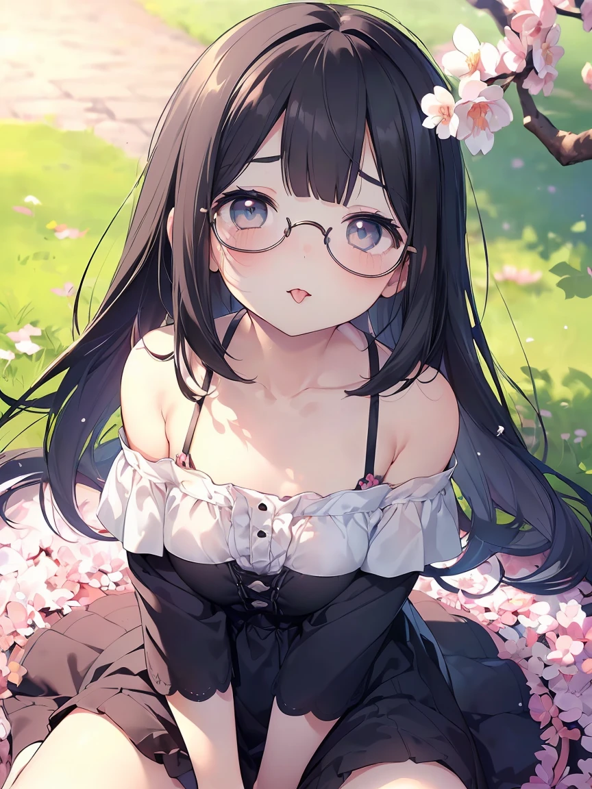 Very detailed, highest quality, High resolution, Moe Anime, ((Cute girl with black hair and droopy eyes)), ((Wearing large round glasses:1.4)), (Baby Face), Cute eyes, Detailed eye depiction, Sparkle in the eyes, View your viewers, Pale skin, (Big eyes:1.4, Droopy eyes:1.4, Fatty face:1.4), smile, Focus on the face, In the park with cherry blossoms falling, Sitting, (Extreme close up of tongue), (((From above))), Open your mouth, (((Face only:1.3))), ((White lace off-the-shoulder dress)), Bright Eyes, Light from the front, (Put your hands between your legs:1.4), large and long tongue, ((Flat Chest:1.4))
